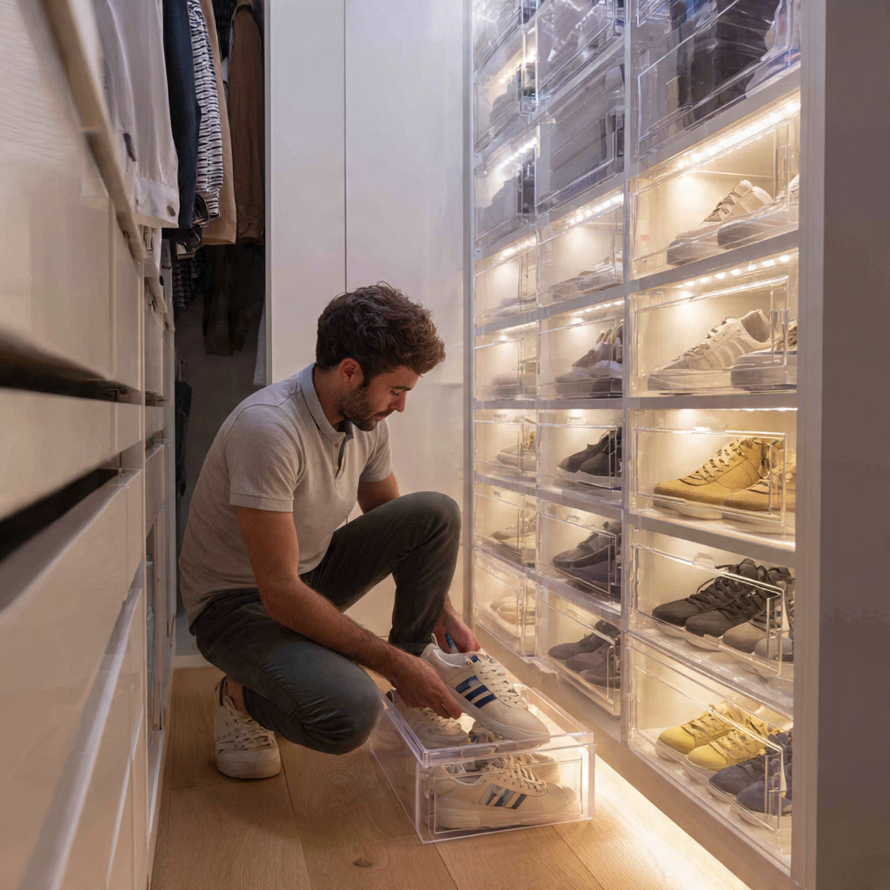 25 Best Closet Organization Ideas for a Stylish, Clutter-Free Space 4 a modern walk in closet featuring hidden shoe