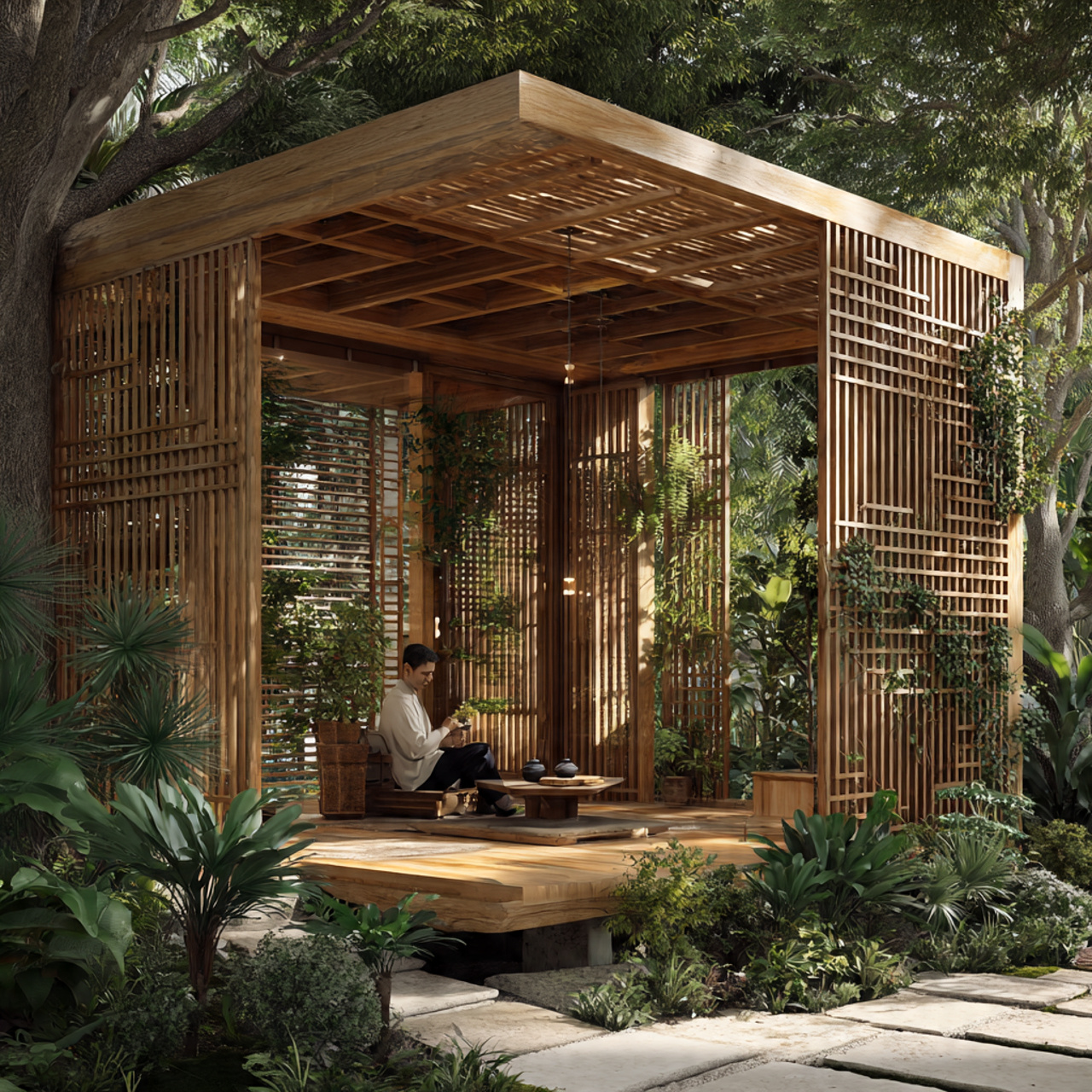 a peaceful backyard with a zen inspired slat