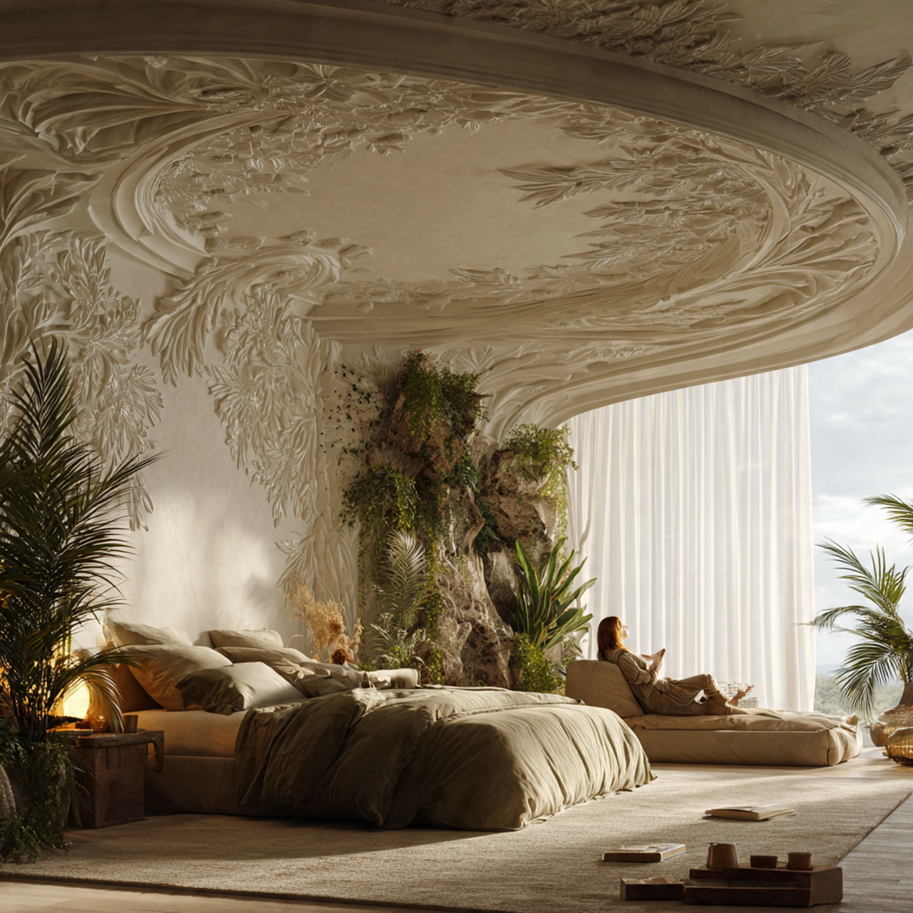 a peaceful spa inspired bedroom showcasing fall ceiling