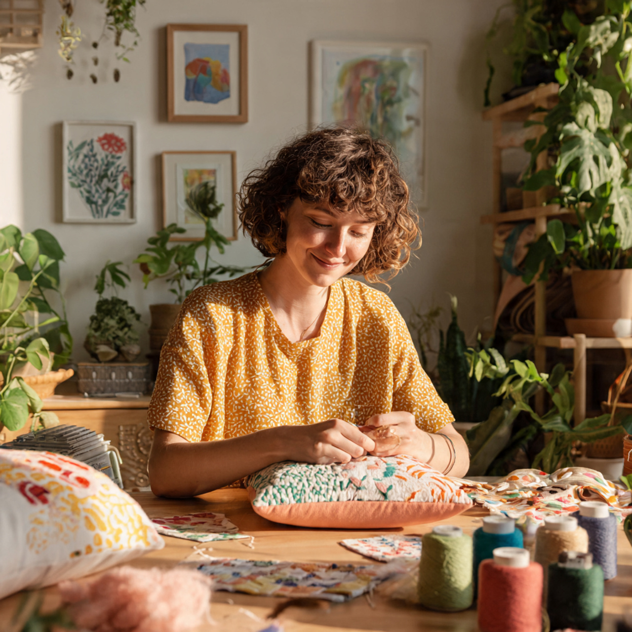 25 DIY and Craft Ideas That Inspire Creativity & Transform Your Home 17 a person sewing colorful fabric scraps into