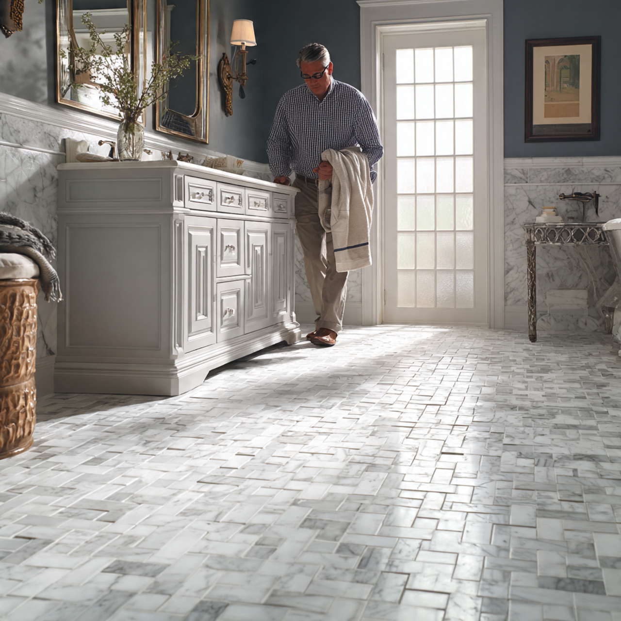 25 Bathroom Flooring Ideas for Stylish, Luxurious & Modern Homes 16 a photorealistic bathroom flooring ideas scene featuring