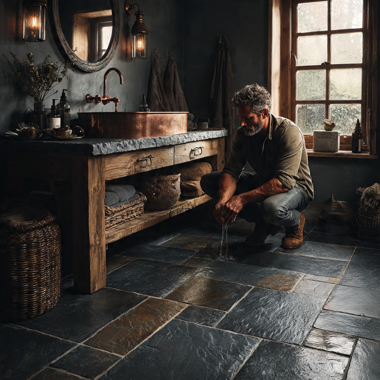 25 Bathroom Flooring Ideas for Stylish, Luxurious & Modern Homes 3 a photorealistic rustic bathroom flooring ideas setting