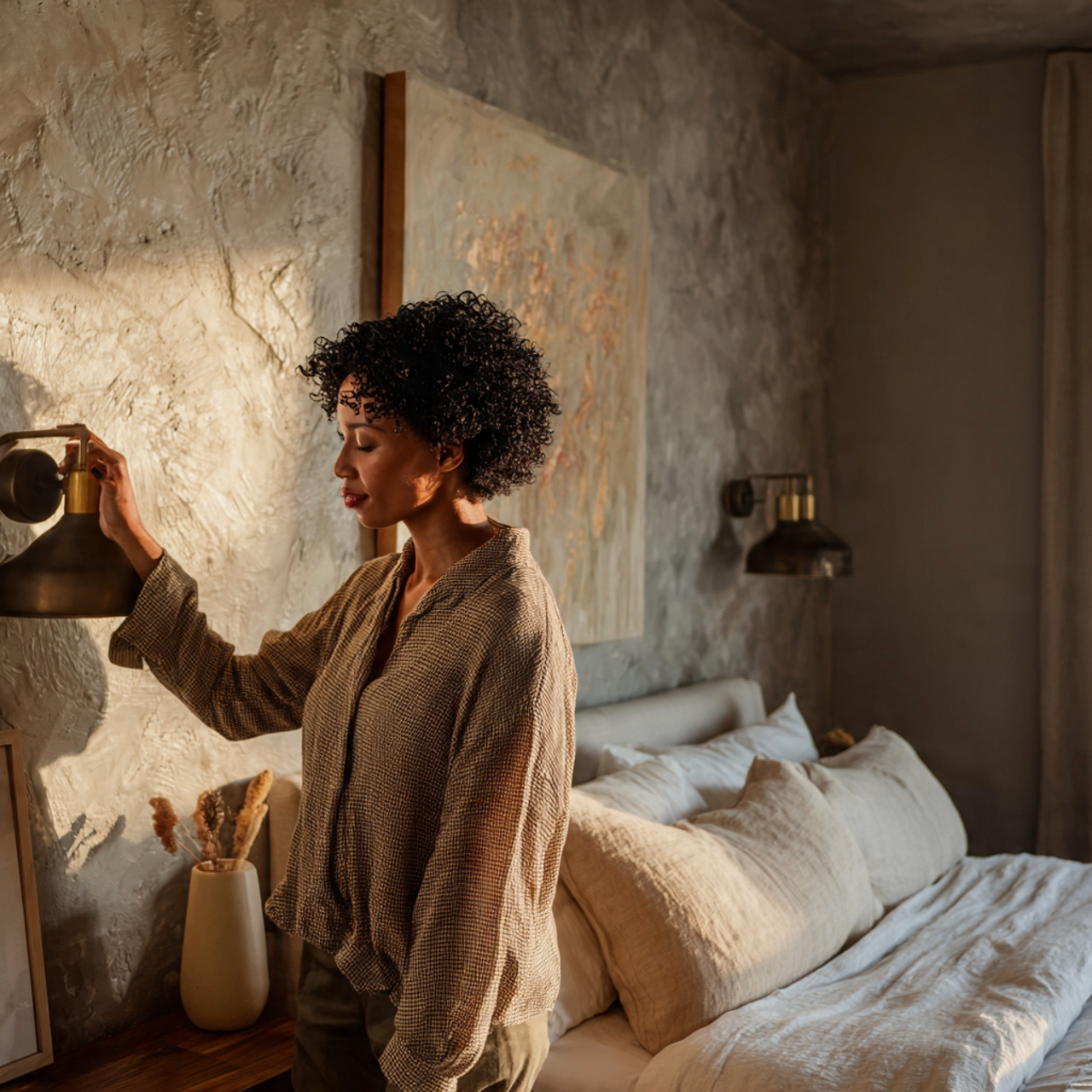 a realistic cozy bedroom with stylish wall mounted