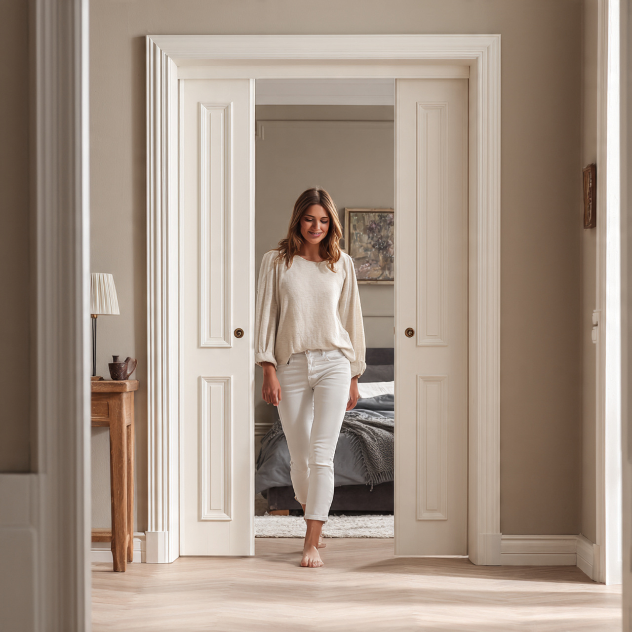 a realistic small apartment hallway featuring elegant