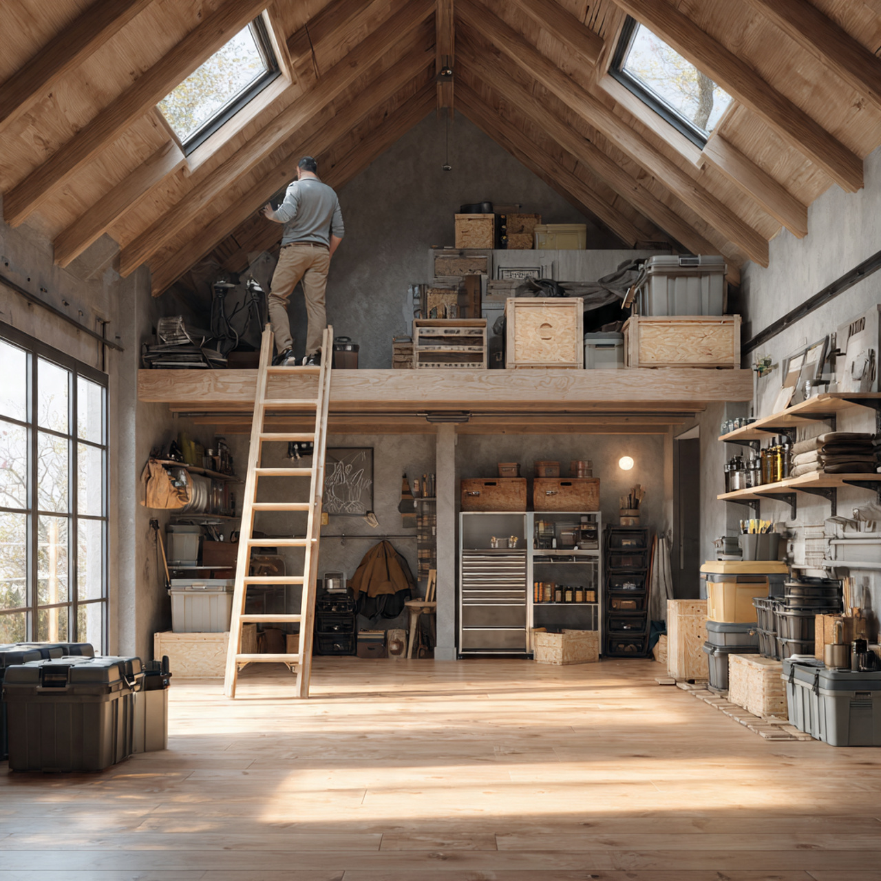 a realistic wide angle garage interior featuring garage