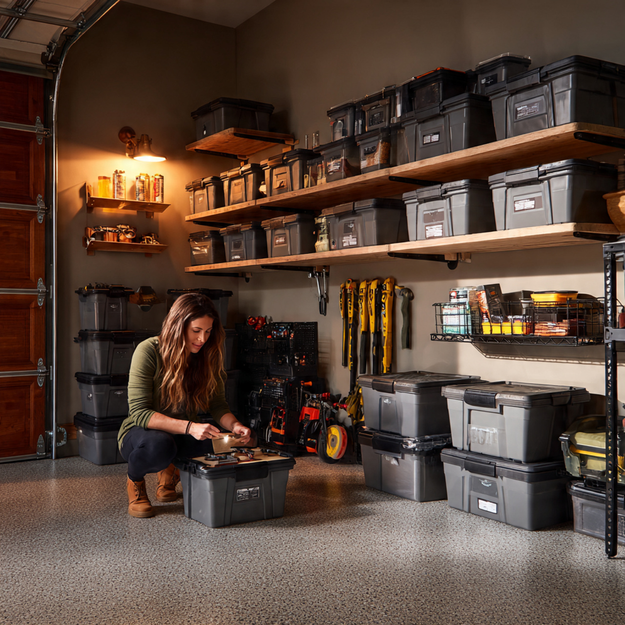 a realistic wide angle photo of garage storage