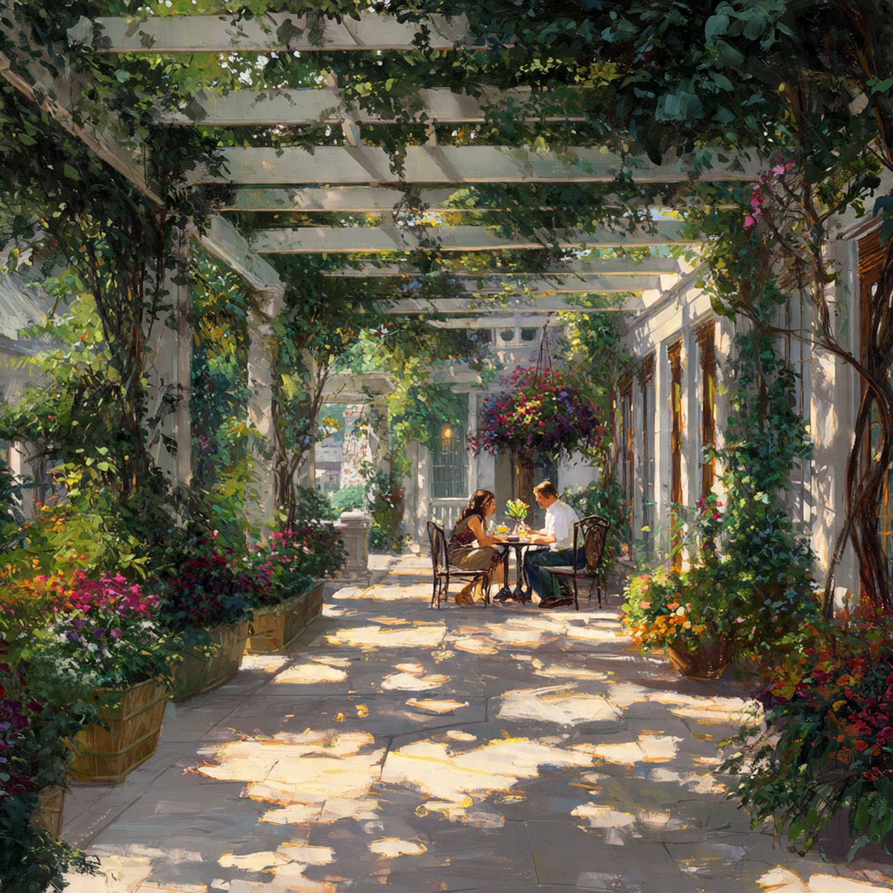 a romantic backyard patio with trellis covered