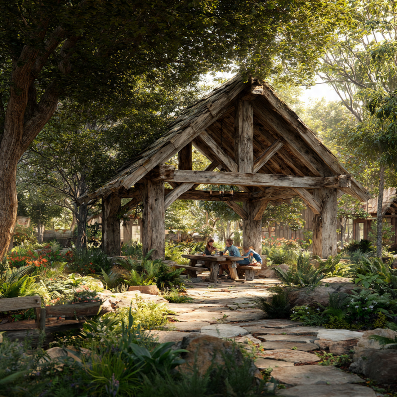 a rustic backyard with a reclaimed barn