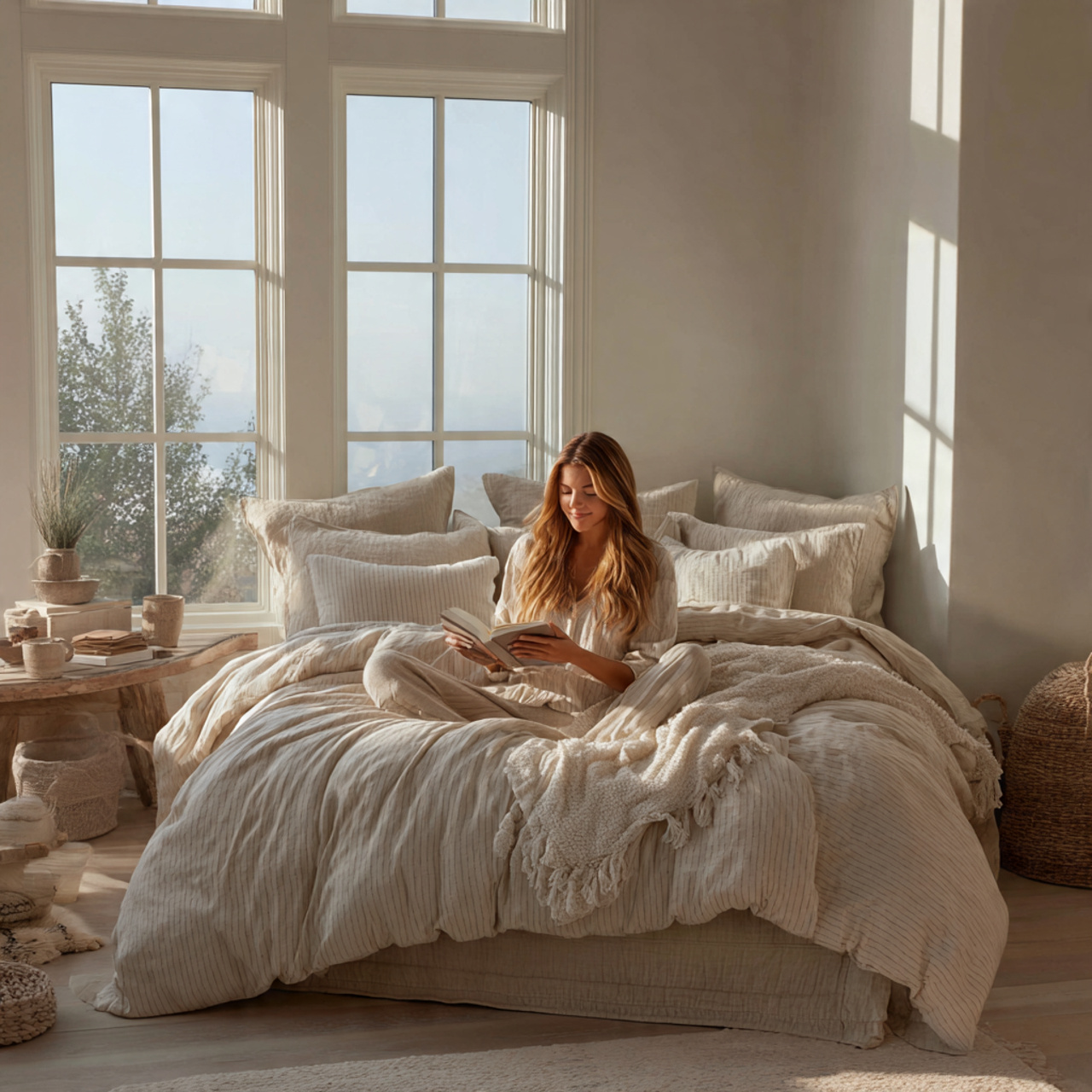 a serene bedroom with a soft monochromatic