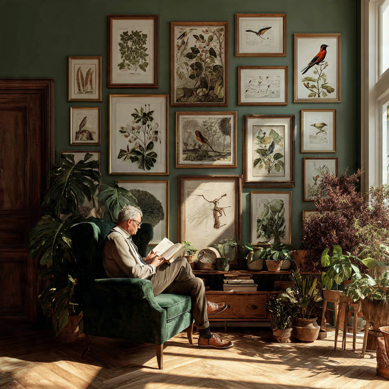 a serene cottagecore living room with a