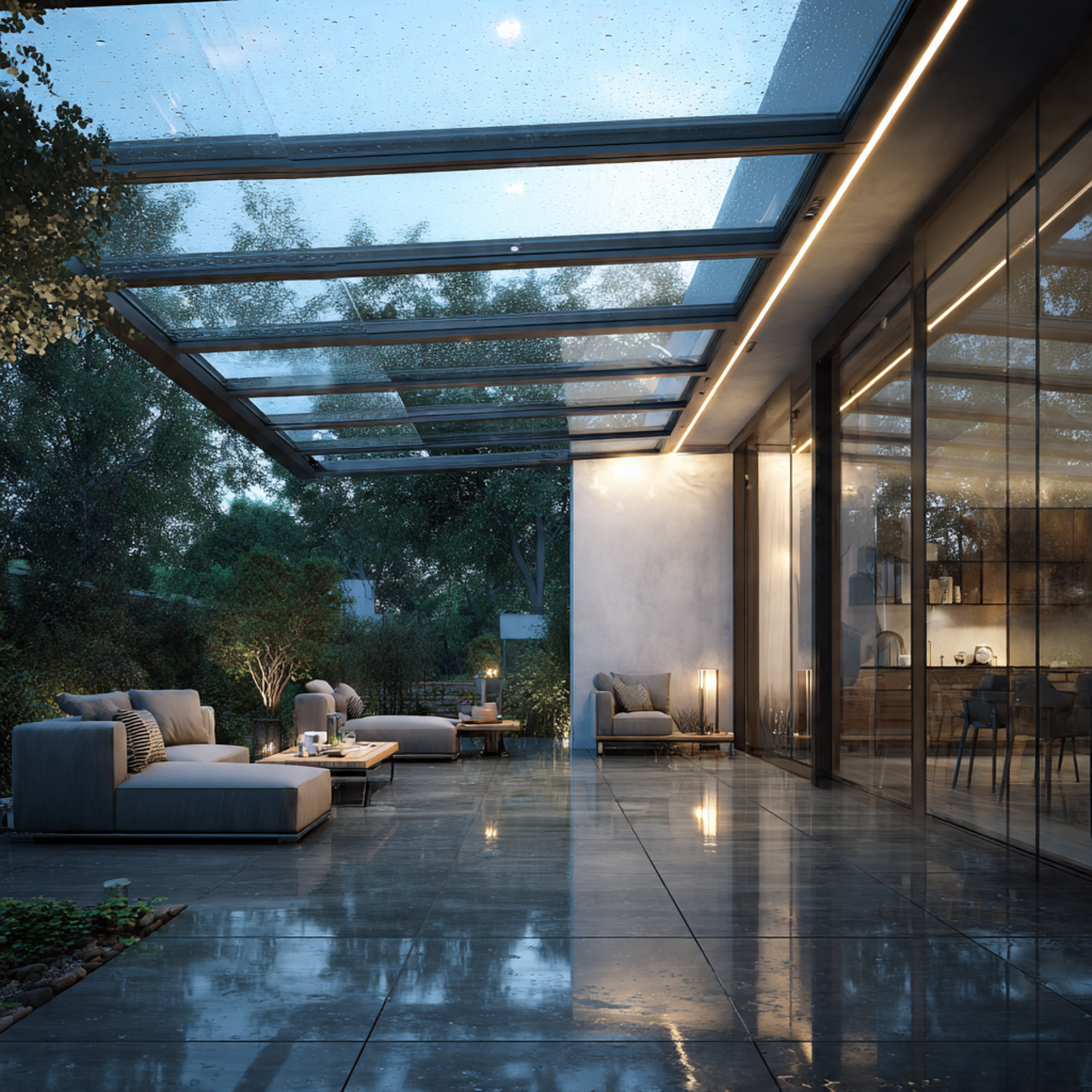 a sleek backyard with a minimalist glass