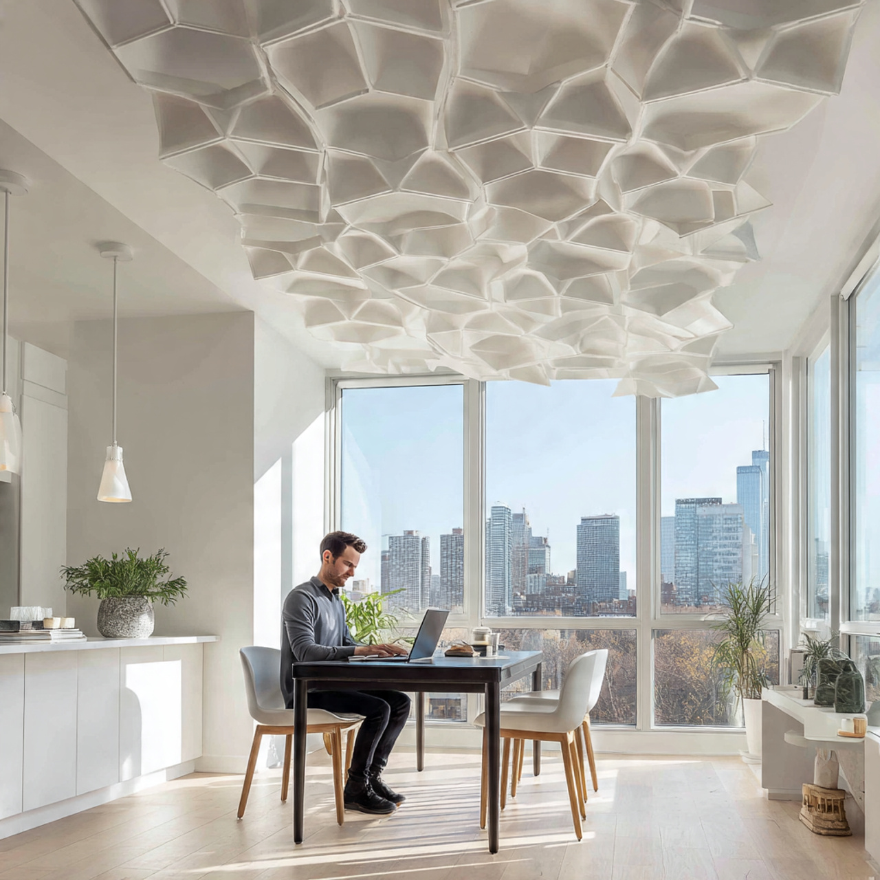 a sleek open plan apartment with fall ceiling