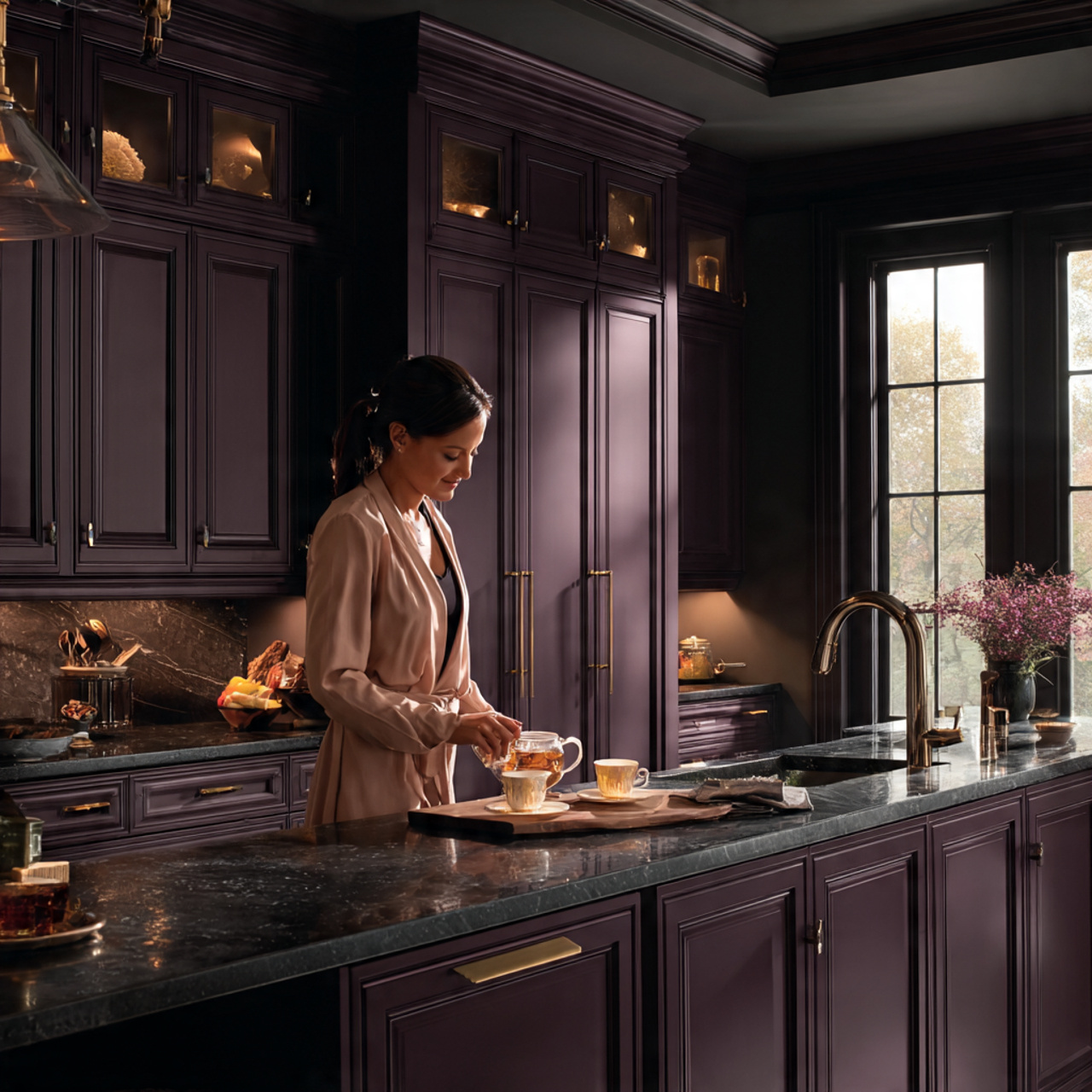 25 Stunning Dark Kitchen Cabinets Ideas for Modern Homes 7 a sophisticated kitchen featuring dark plum satin