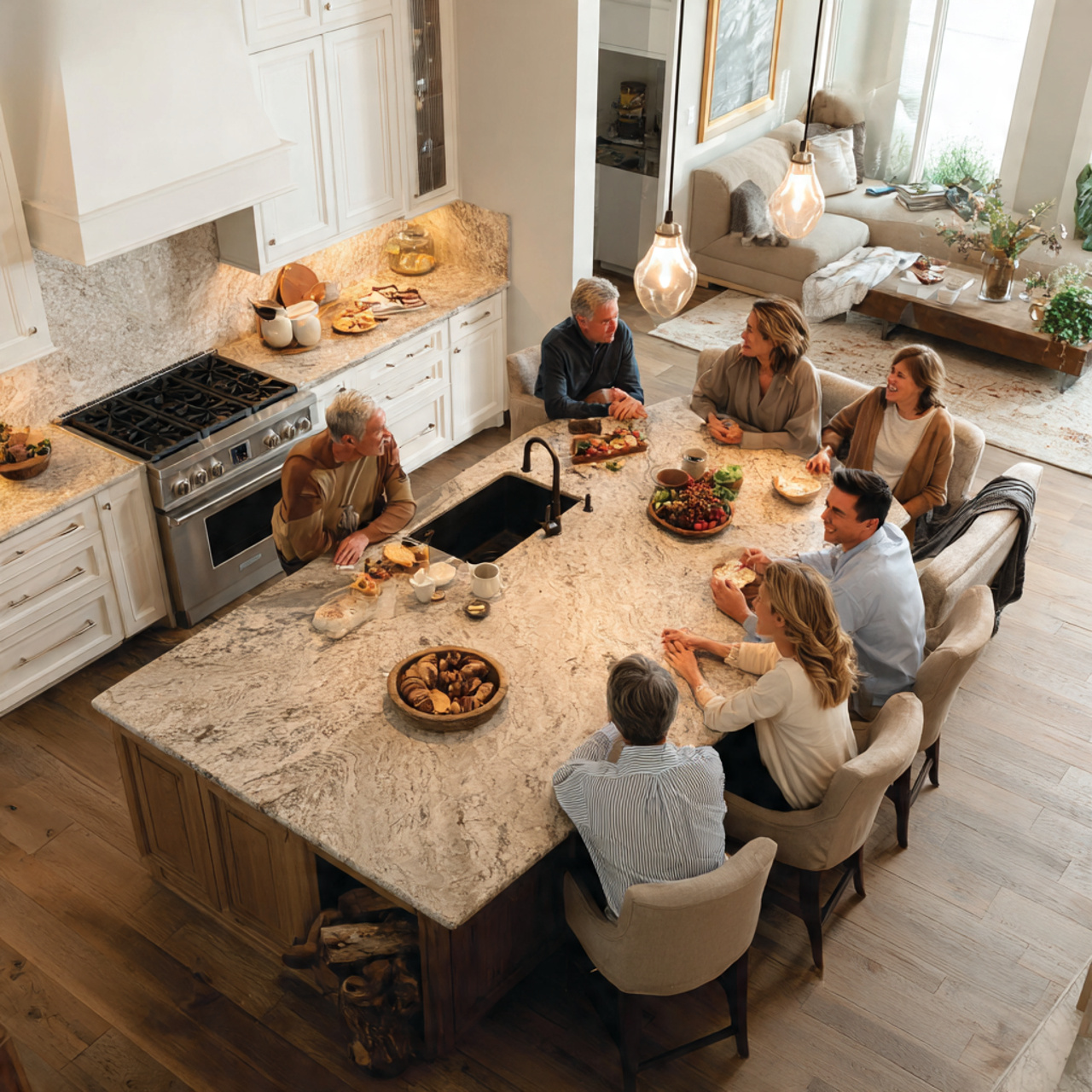 a spacious family kitchen scene presenting kitchen