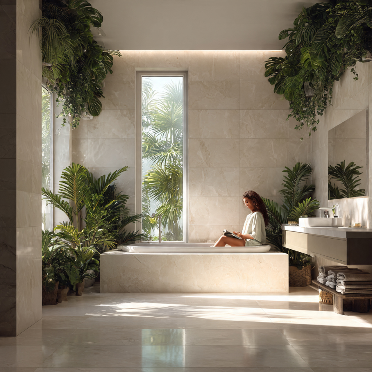 25 Bathroom Plants Ideas: Transform Your Space into a Lush, Relaxing Sanctuary 1 a spacious modern bathroom with high ceilings