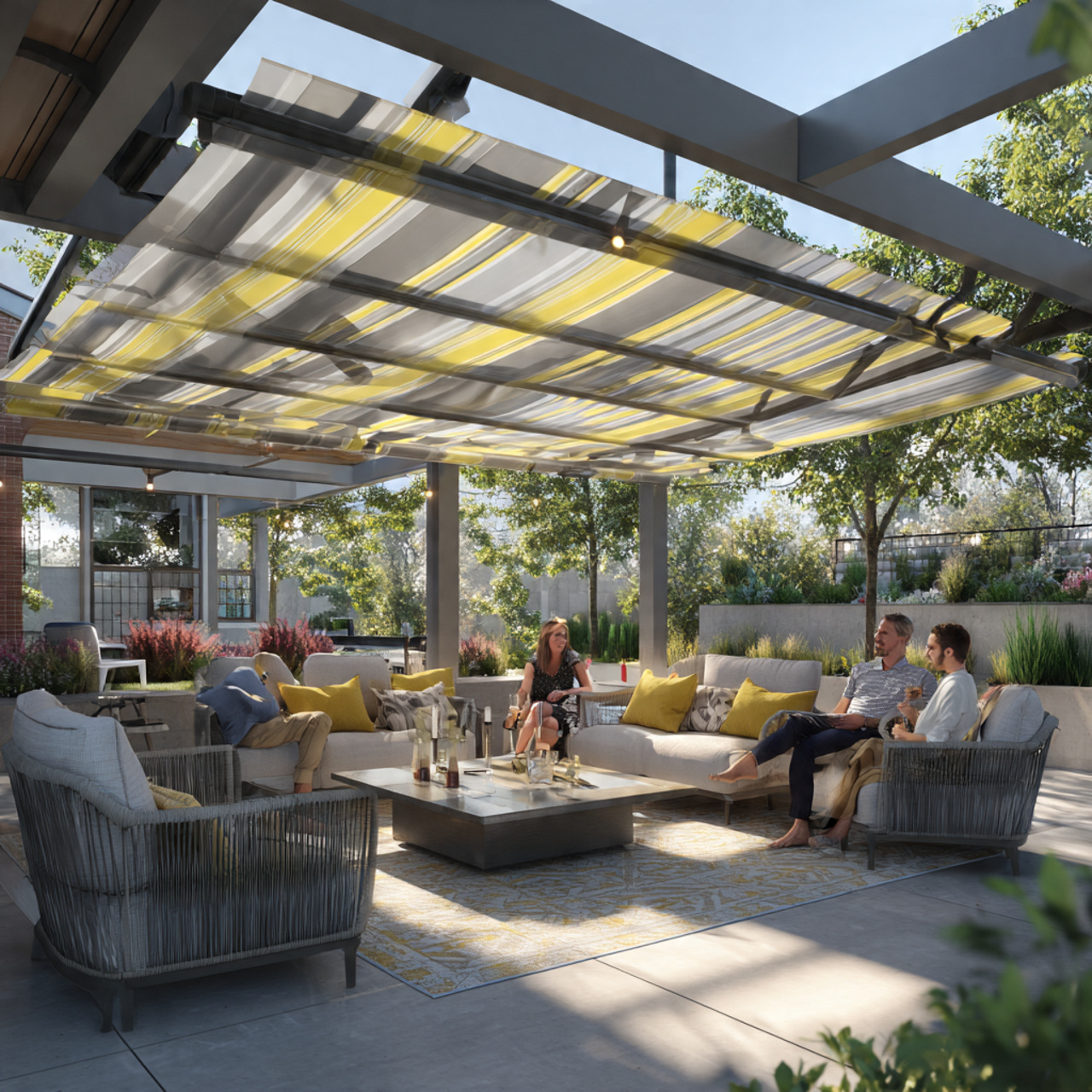 a stylish backyard patio featuring a retractable