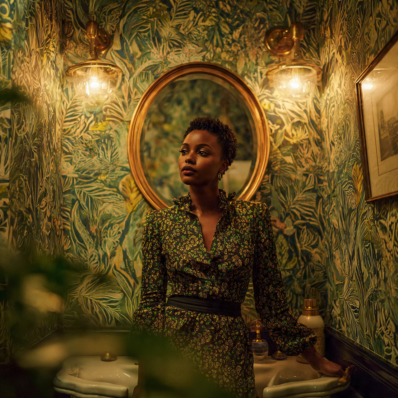 25 Green Bathroom Ideas: Elegant, Modern & Nature-Inspired Designs 8 a stylish bathroom showcasing bold botanical print