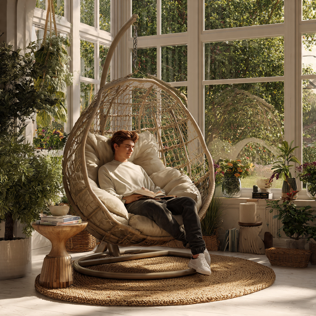 25 Cozy Nook Inspiration Ideas to Create Warm, Inviting Retreats at Home 7 a stylish hanging egg chair in a