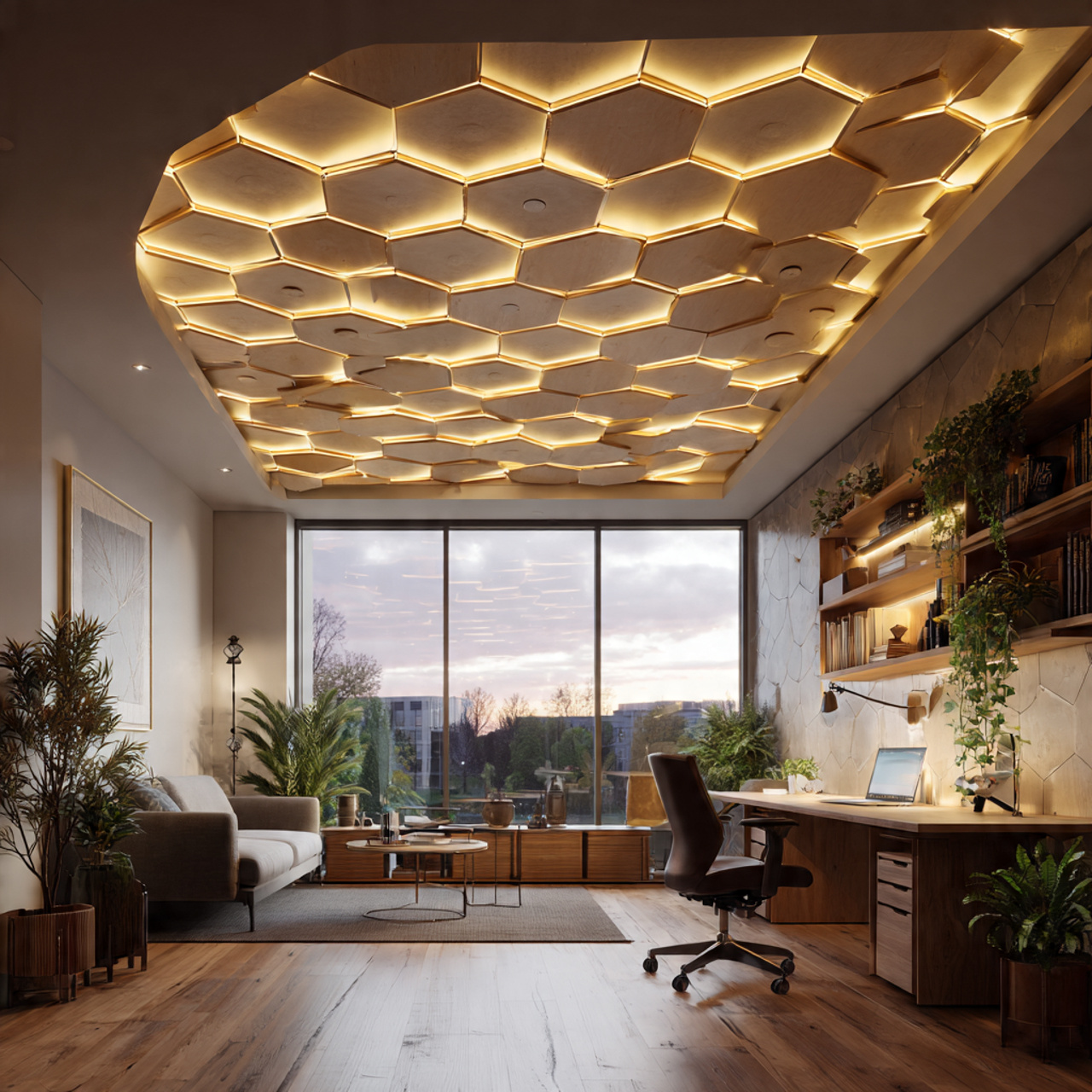 a stylish home office featuring fall ceiling