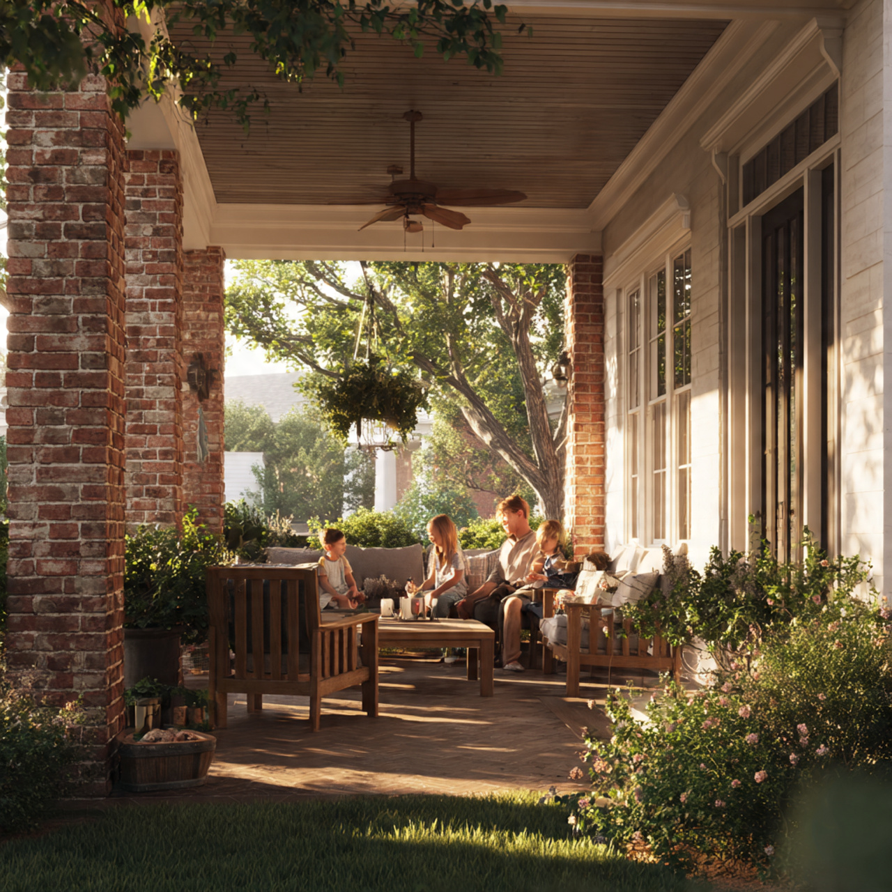 a traditional backyard with classic brick pillar