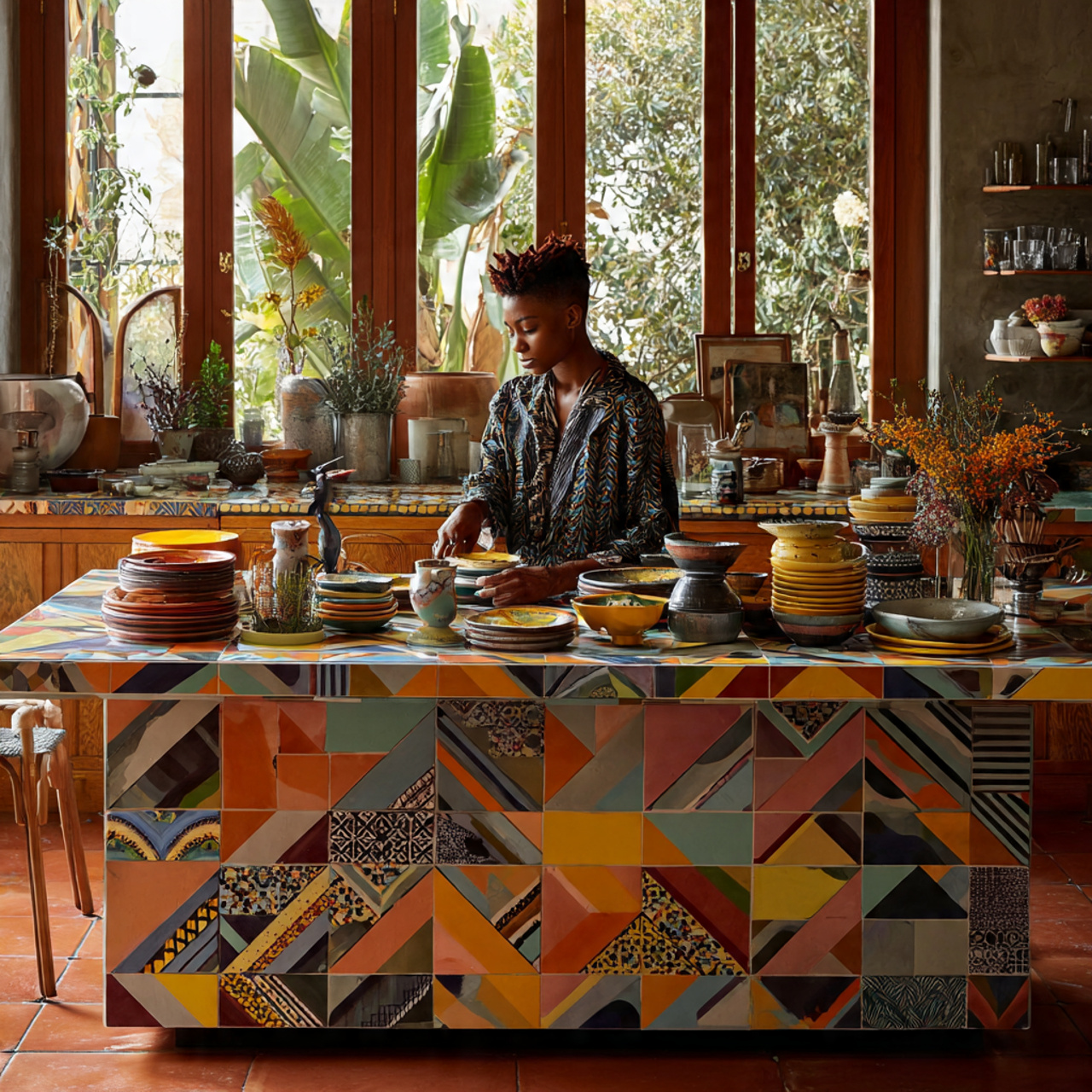 a vibrant artistic kitchen interior featuring kitchen