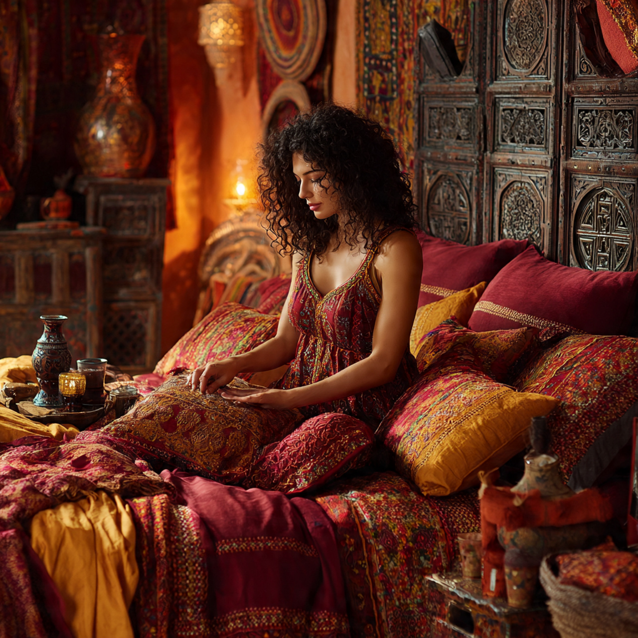 a vibrant bedroom featuring moroccan inspired embroidery