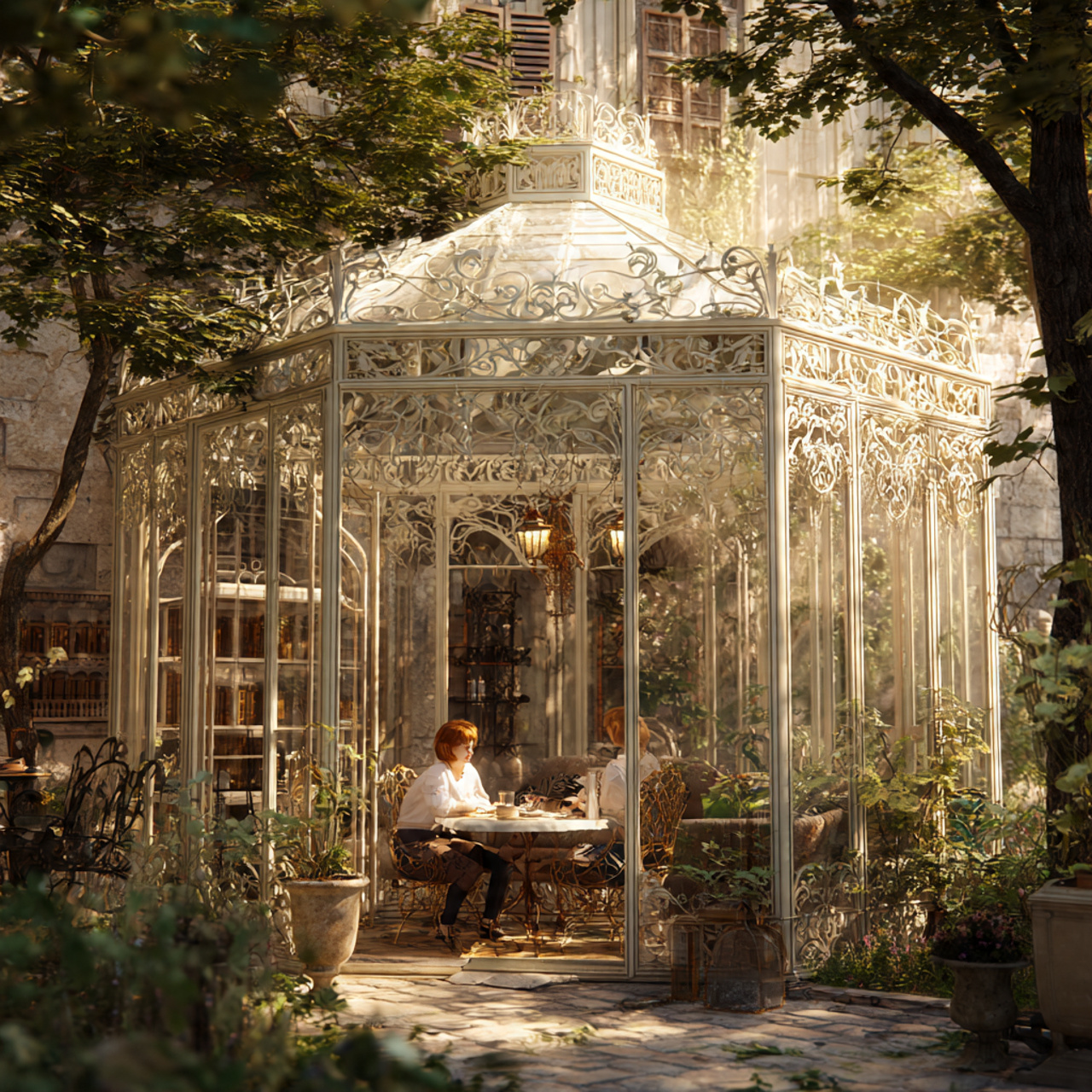 a vintage backyard with a victorian wrought