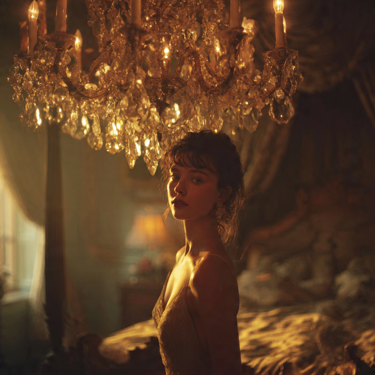 25 Romantic Bedroom Ideas for a Warm, Elegant & Dreamy Space 13 a vintage crystal chandelier casting warm light