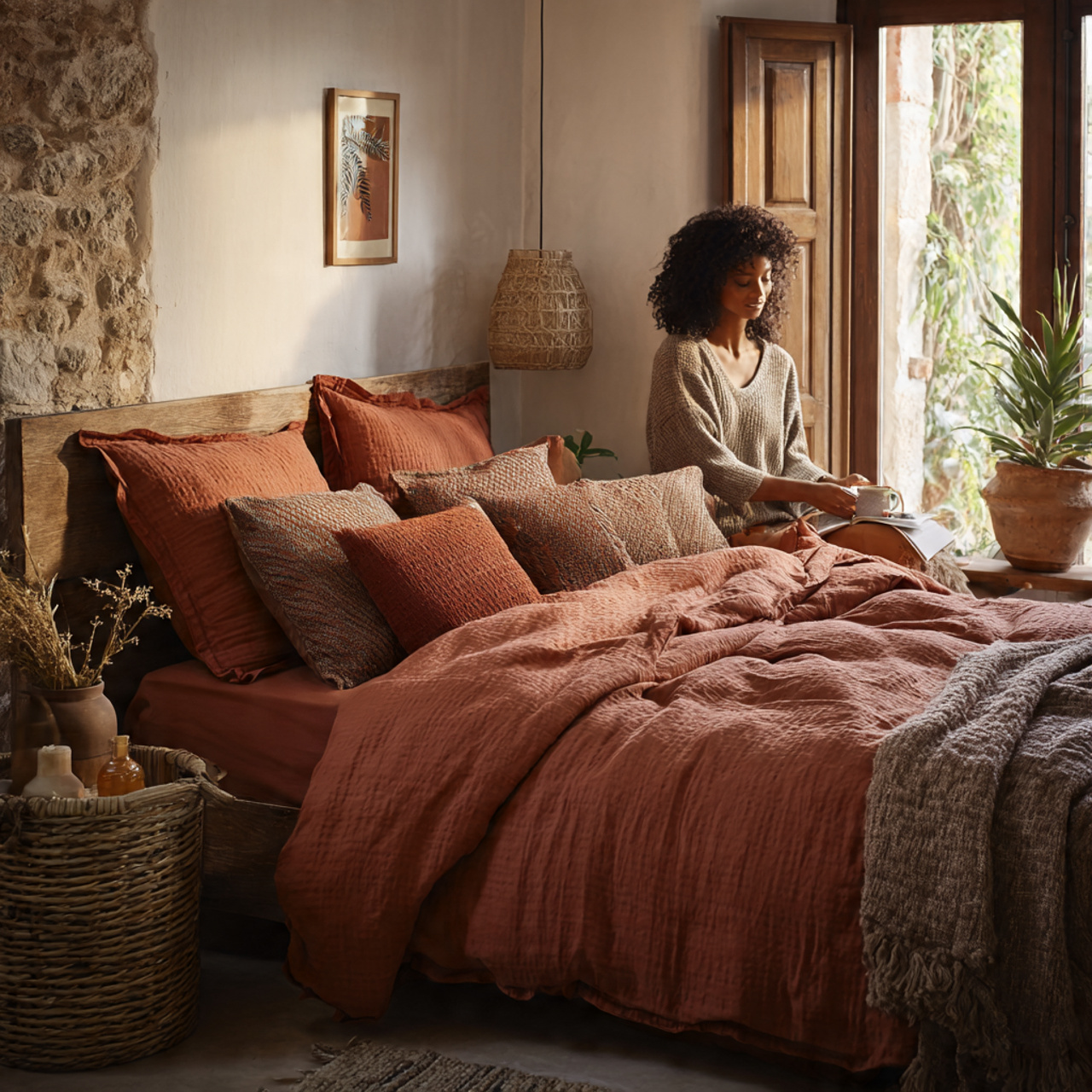 a warm bedroom with earthy terracotta palette