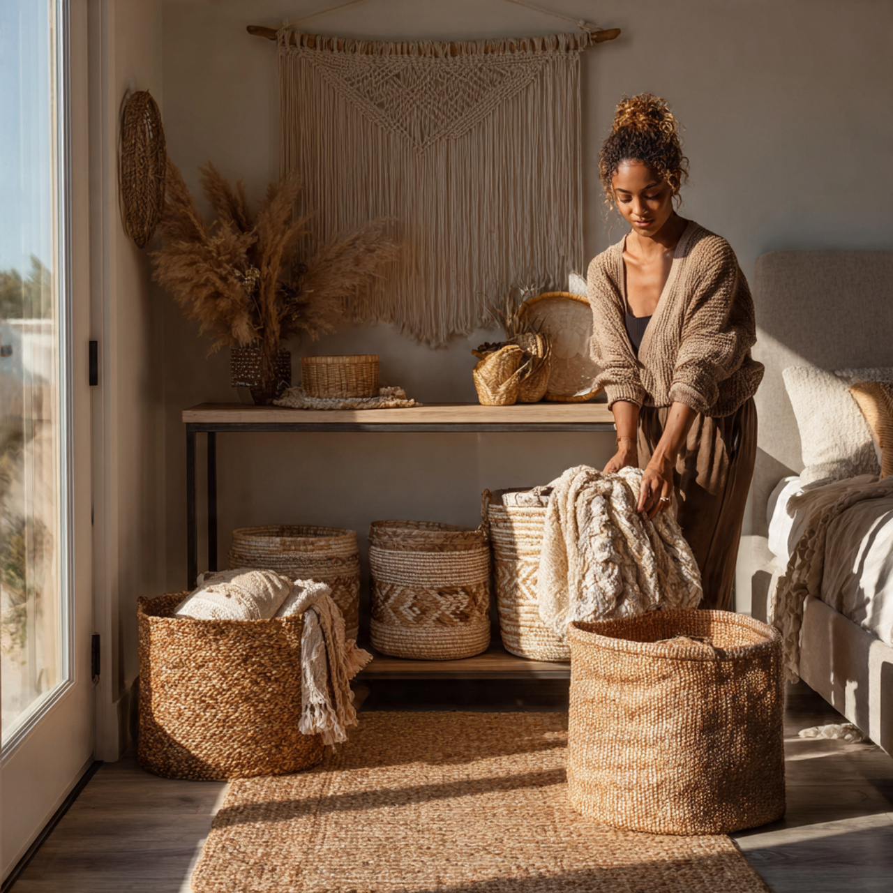 a warm earthy foyer styled with entryway