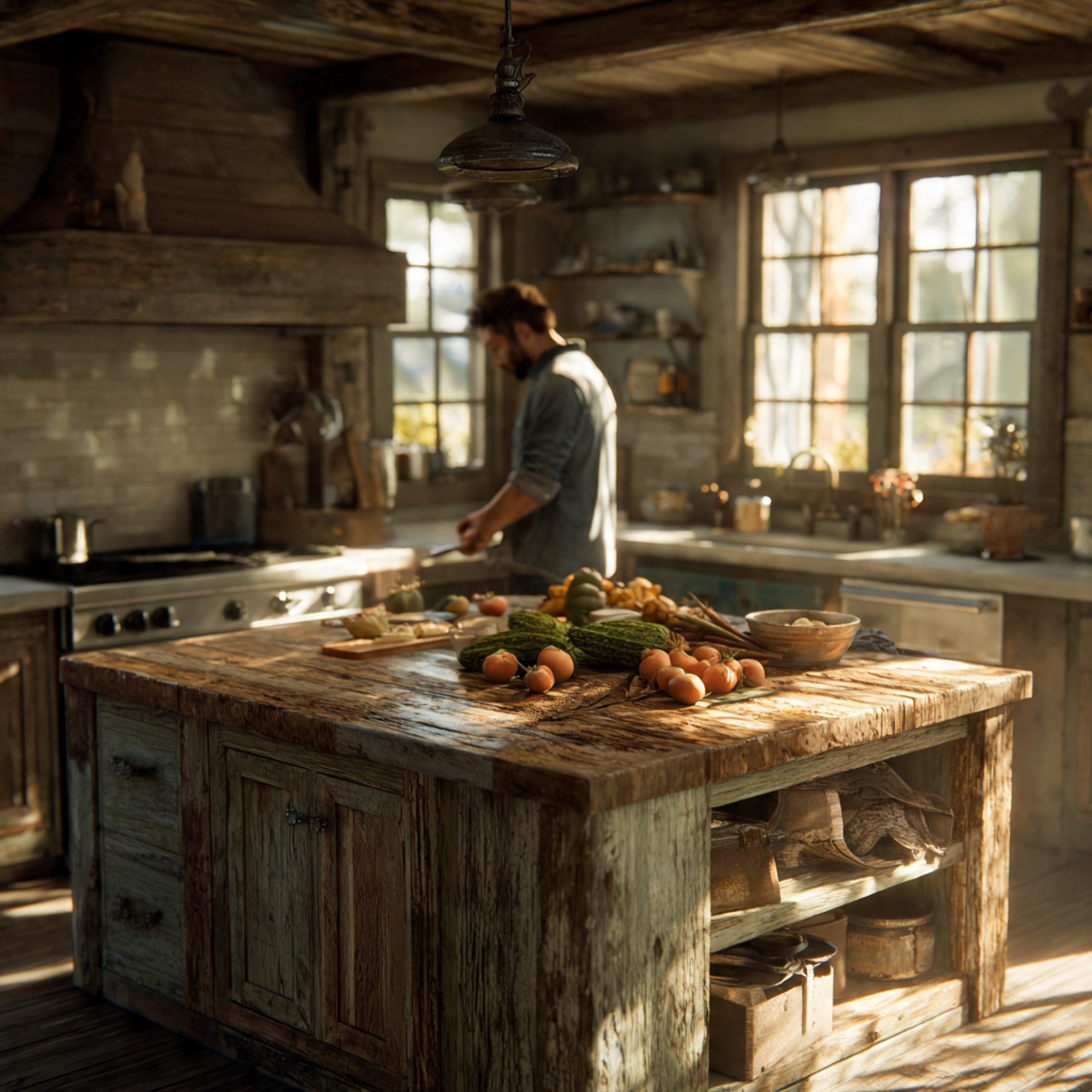a warm photorealistic farmhouse kitchen highlighting kitchen