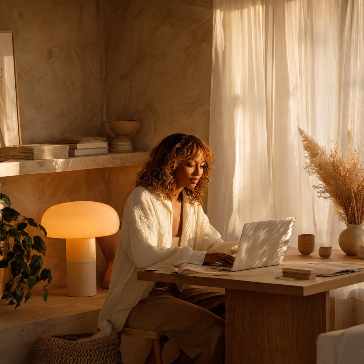 25 Cozy Home Office Ideas for a Warm, Inspiring Workspace 1 a warm softly lit home office showcasing