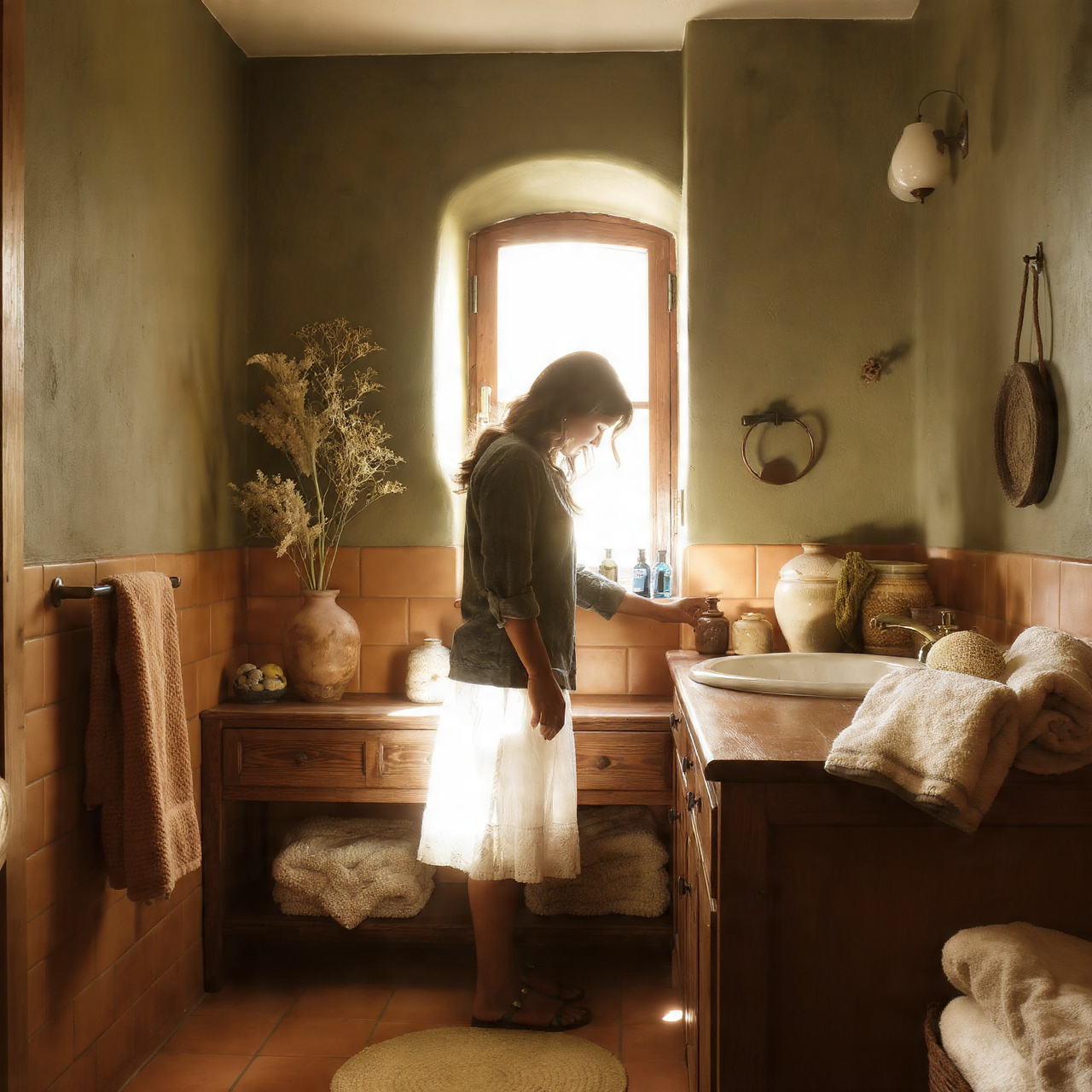 25 Green Bathroom Ideas: Elegant, Modern & Nature-Inspired Designs 6 a warm terracotta and green themed bathroom with sage