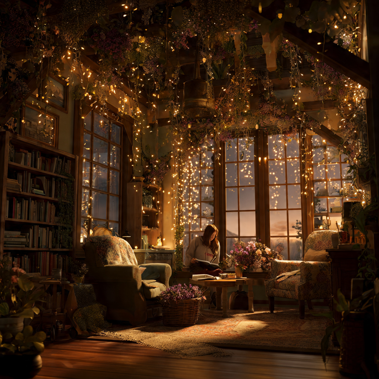 a whimsical cottagecore living room with warm