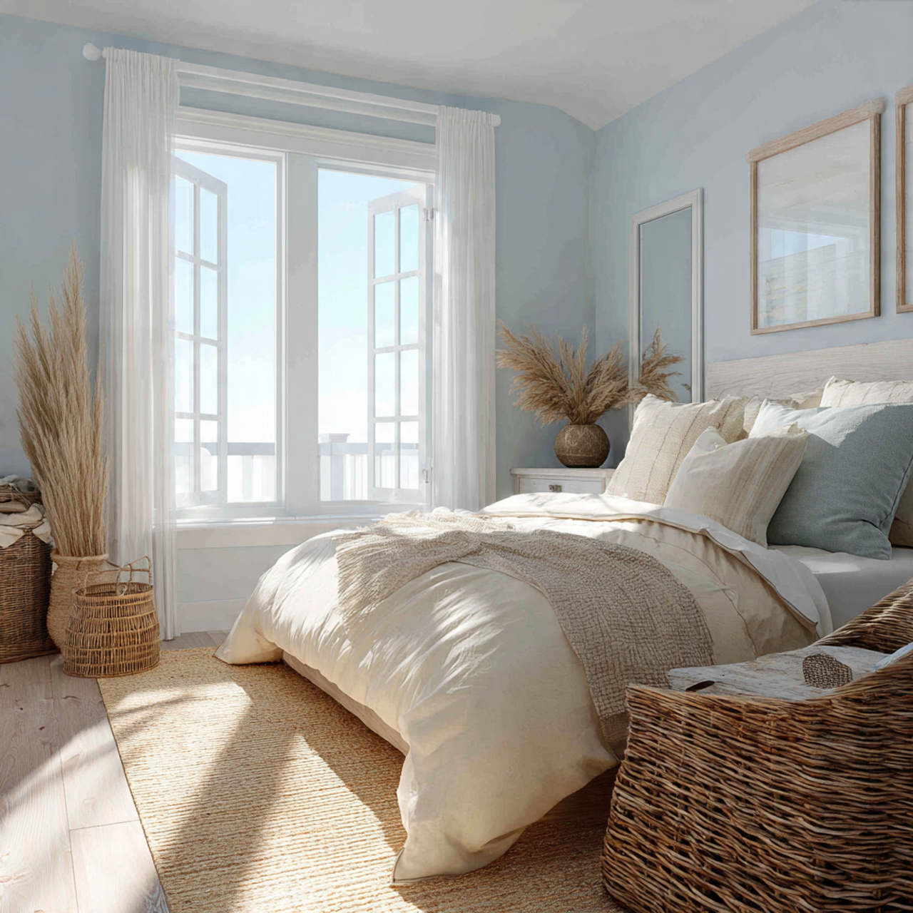 airy coastal themed bedroom with soft blues sandy