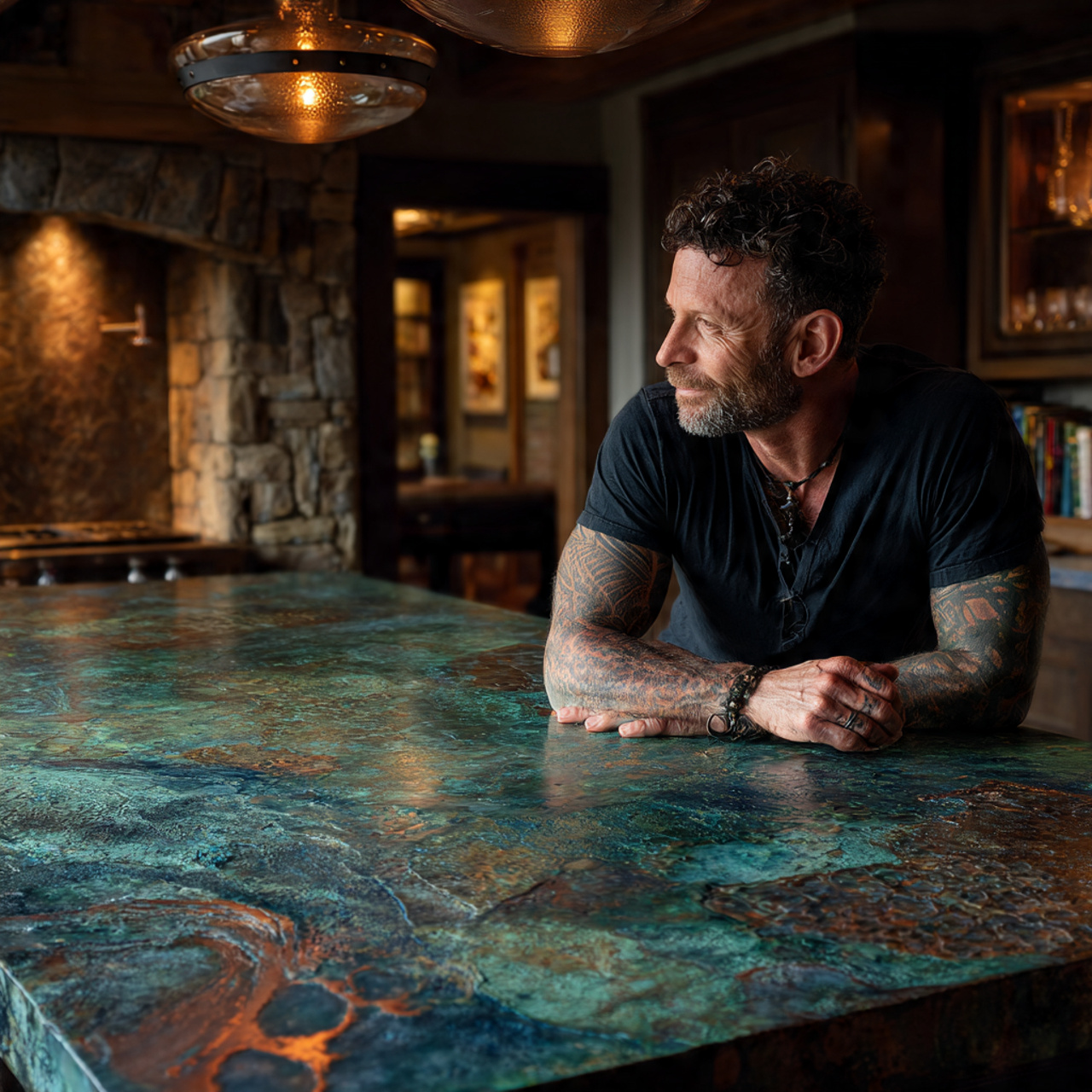 an artistic designer kitchen featuring kitchen island