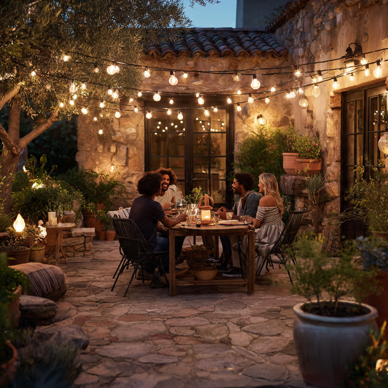 25 Backyard Ideas That Boost Value, Style & Everyday Enjoyment 4 an evening backyard patio with commercial grade string