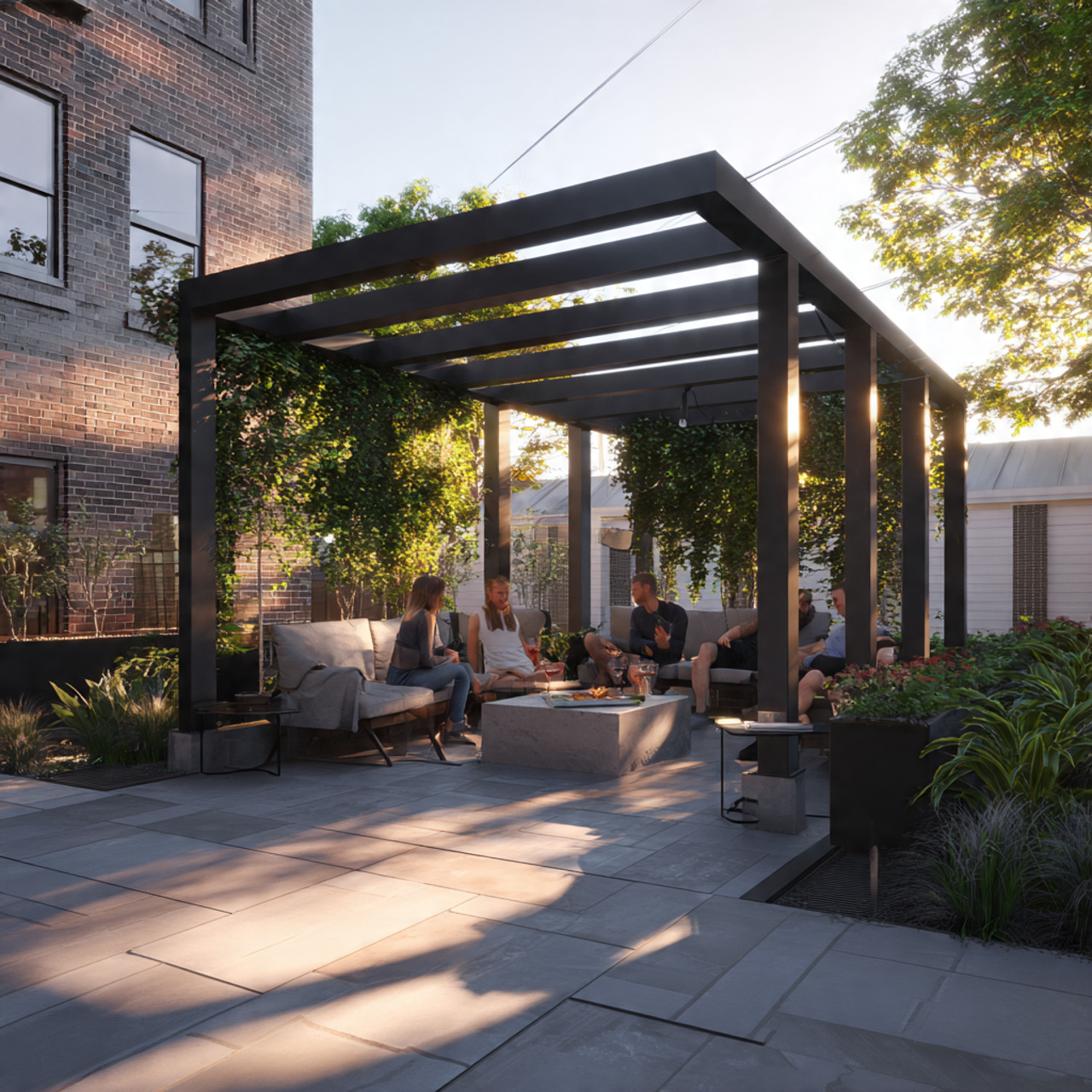 an urban backyard featuring a minimalist industrial