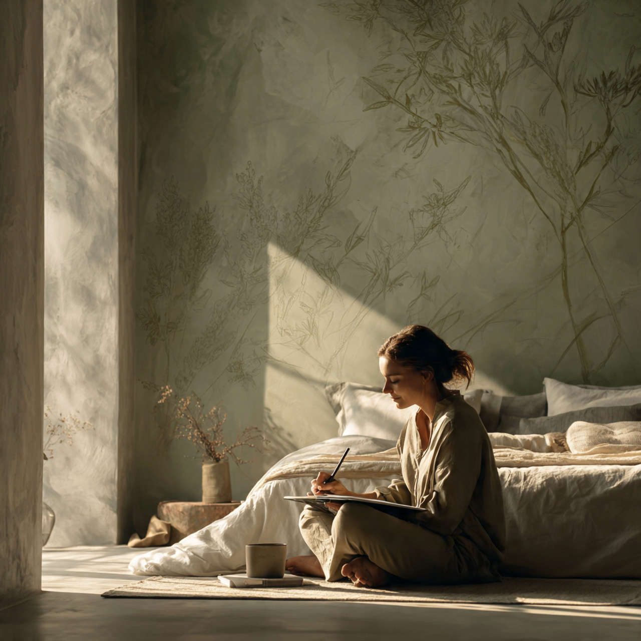 25 Sage Green Bedroom Ideas: Calm, Stylish & Inspiring Designs 20 artistic bedroom with a subtle hand painted wall