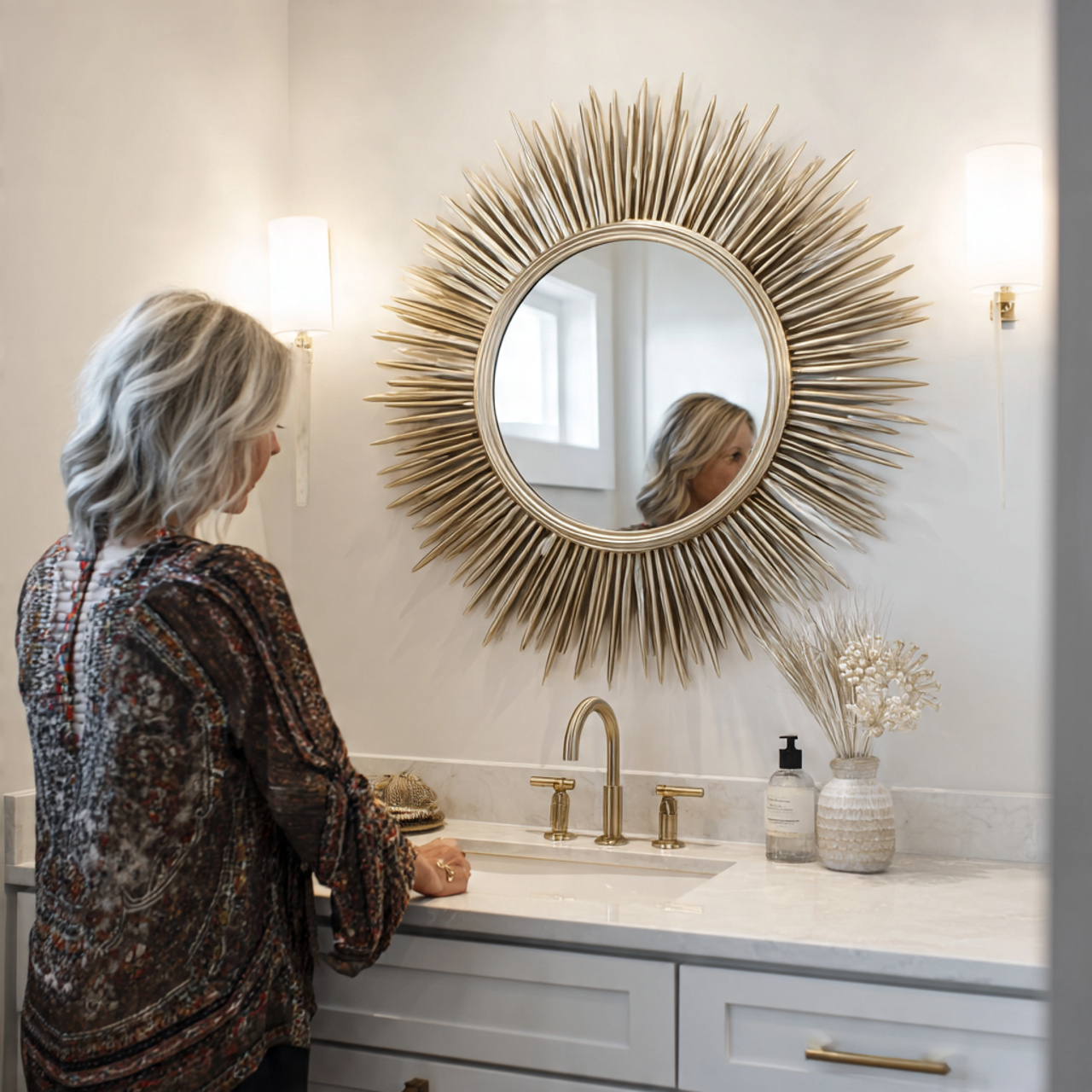 25 Bathroom Decoration & Ideas: Transform Your Bath Into a Luxurious Retreat 10 bathroom featuring a large sunburst framed mirror
