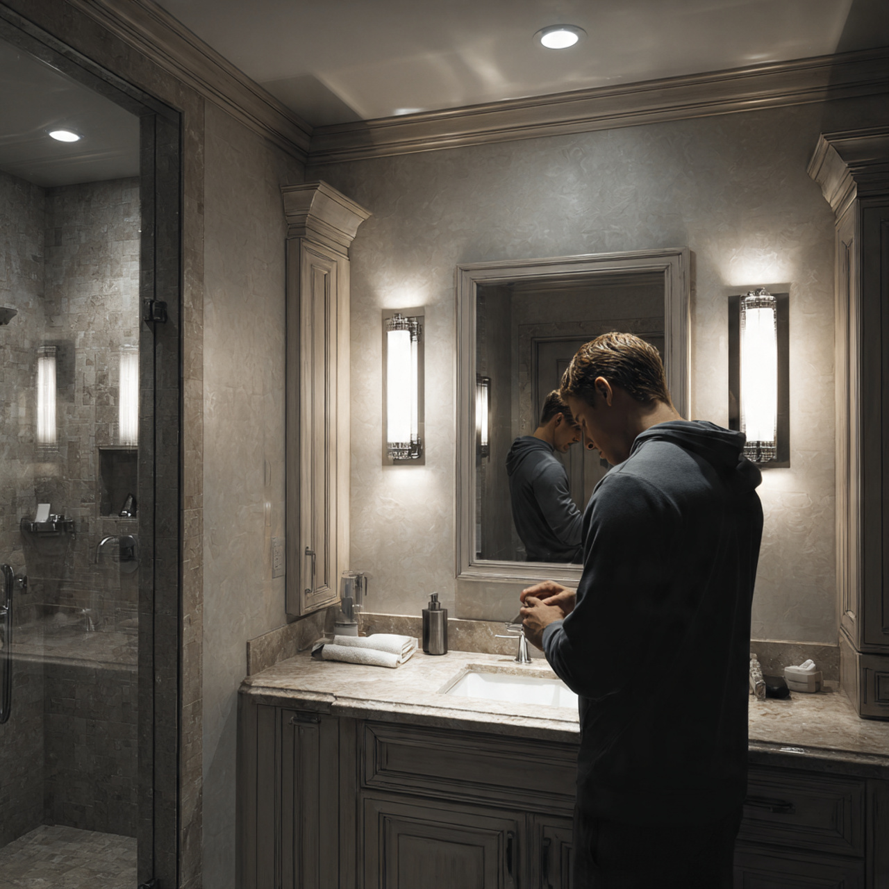 25 Bathroom Decoration & Ideas: Transform Your Bath Into a Luxurious Retreat 20 bathroom with layered lighting overhead ambient lights