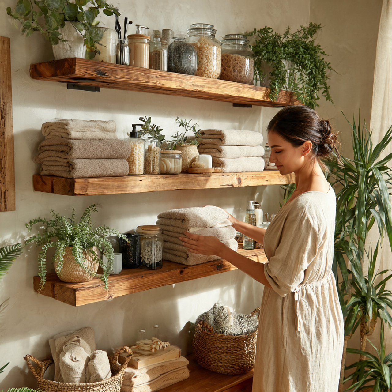 25 Bathroom Decoration & Ideas: Transform Your Bath Into a Luxurious Retreat 5 bathroom with open wood shelves displaying neatly