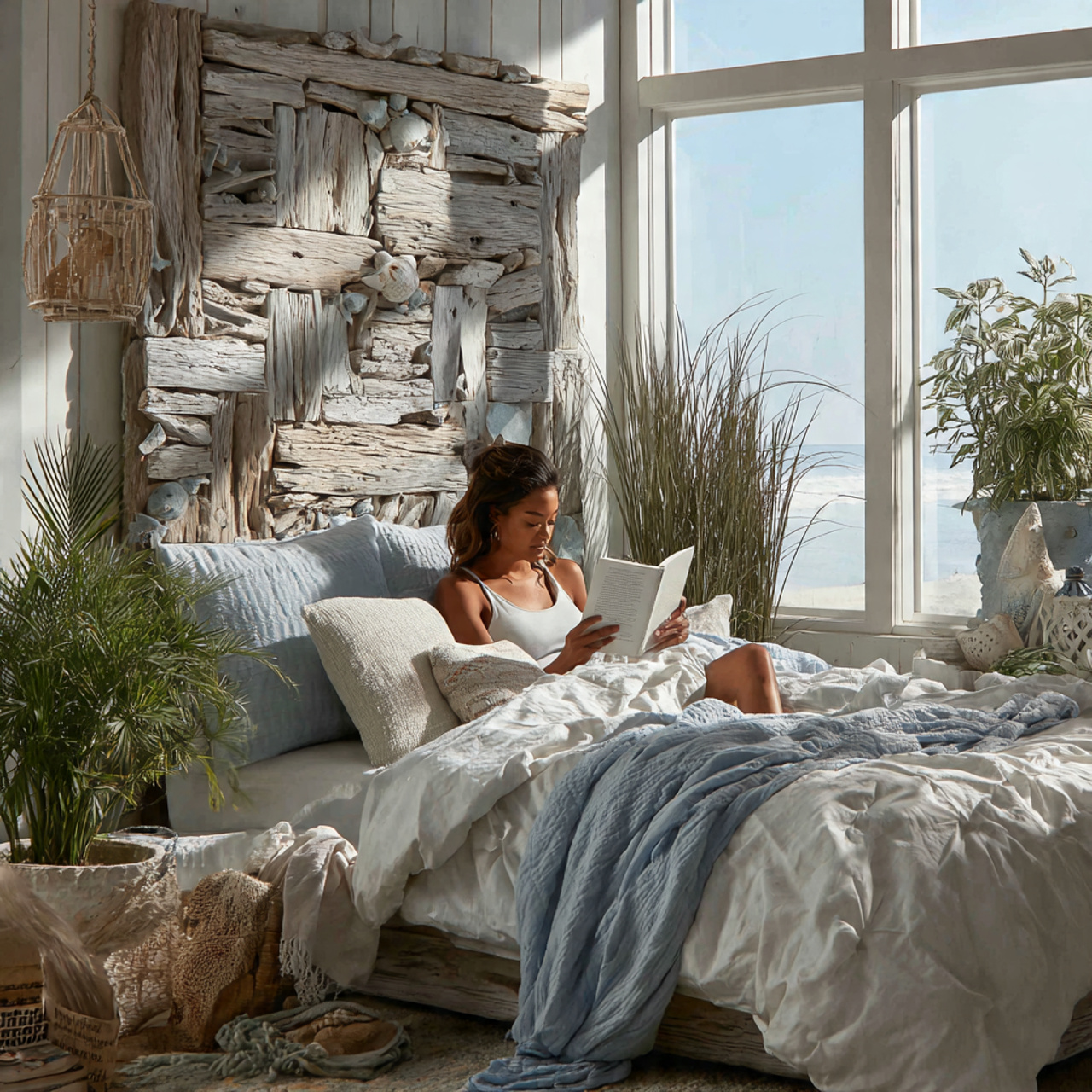 25 Stunning Headboard Ideas to Elevate Your Bedroom Style 23 beach inspired bedroom with a coastal driftwood collage