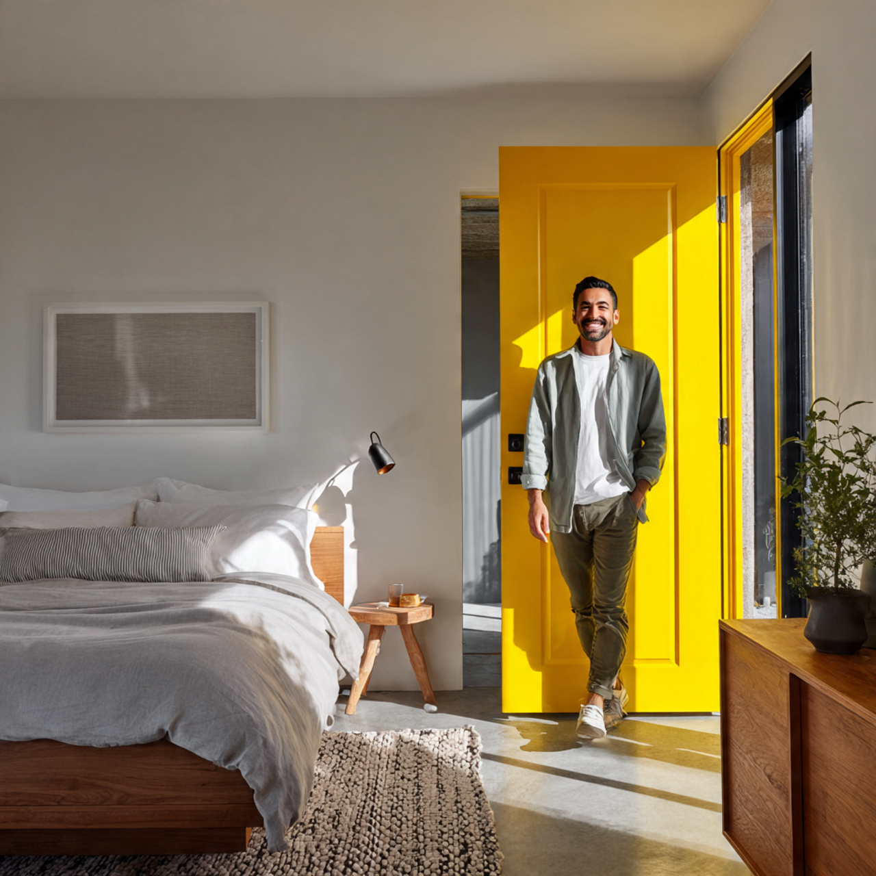 25 Yellow Bedroom Ideas: Bright, Cheerful Designs for a Sunny Sanctuary 22 bedroom featuring a bold yellow door as