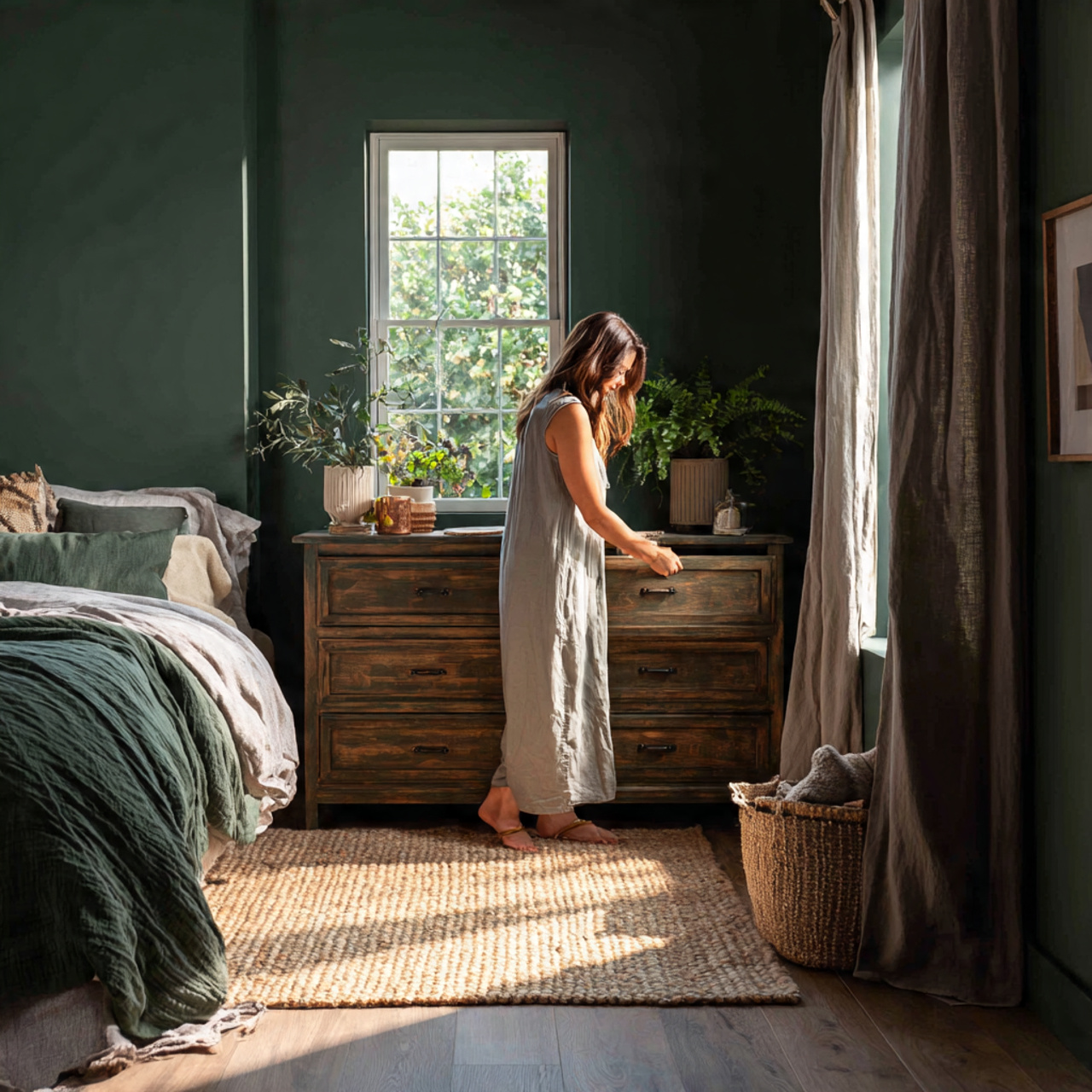 25 Best Dark Green Bedroom Ideas for a Luxe & Relaxing Space 21 bedroom featuring a vintage wooden dresser painted