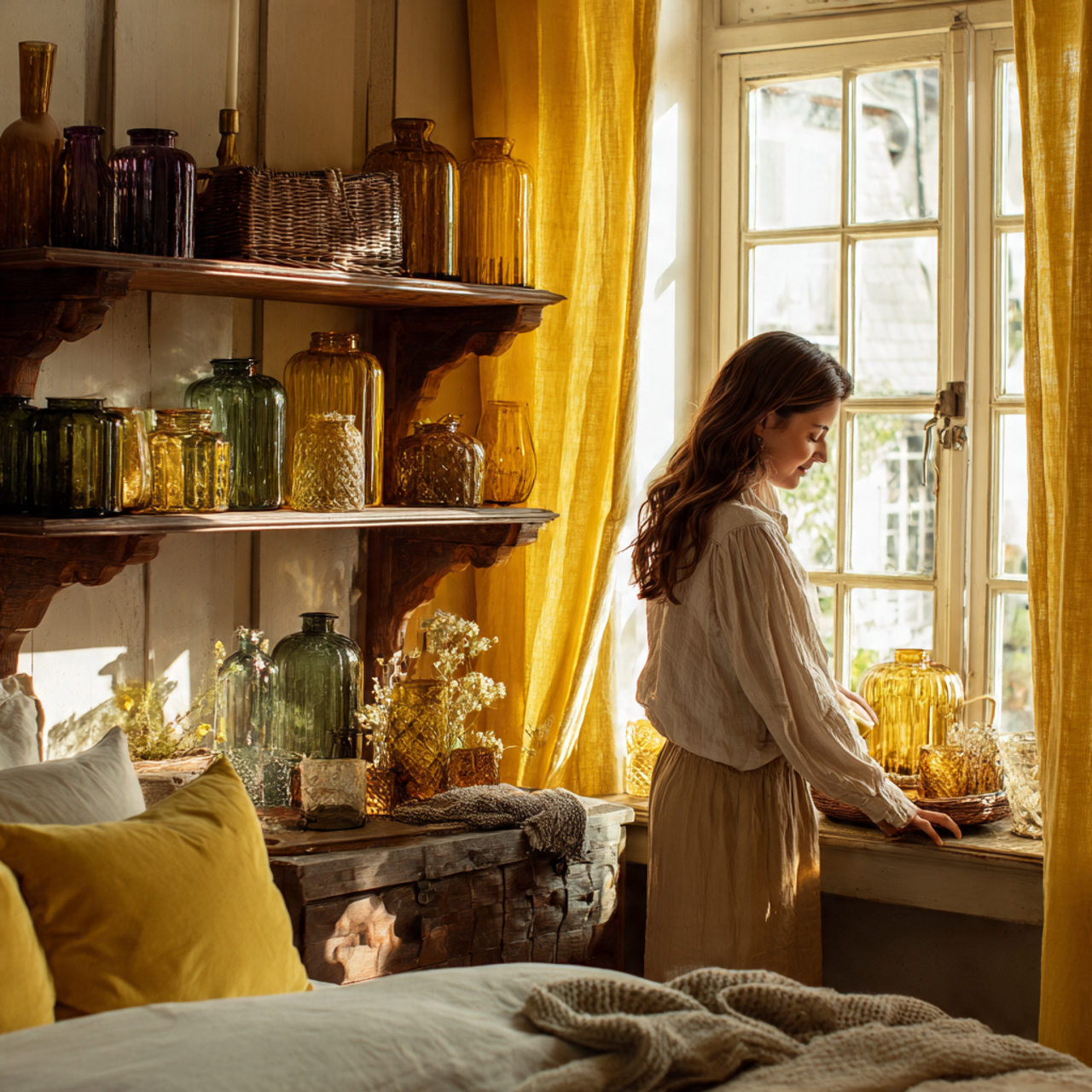 25 Yellow Bedroom Ideas: Bright, Cheerful Designs for a Sunny Sanctuary 16 bedroom featuring amber vintage accessories like glass