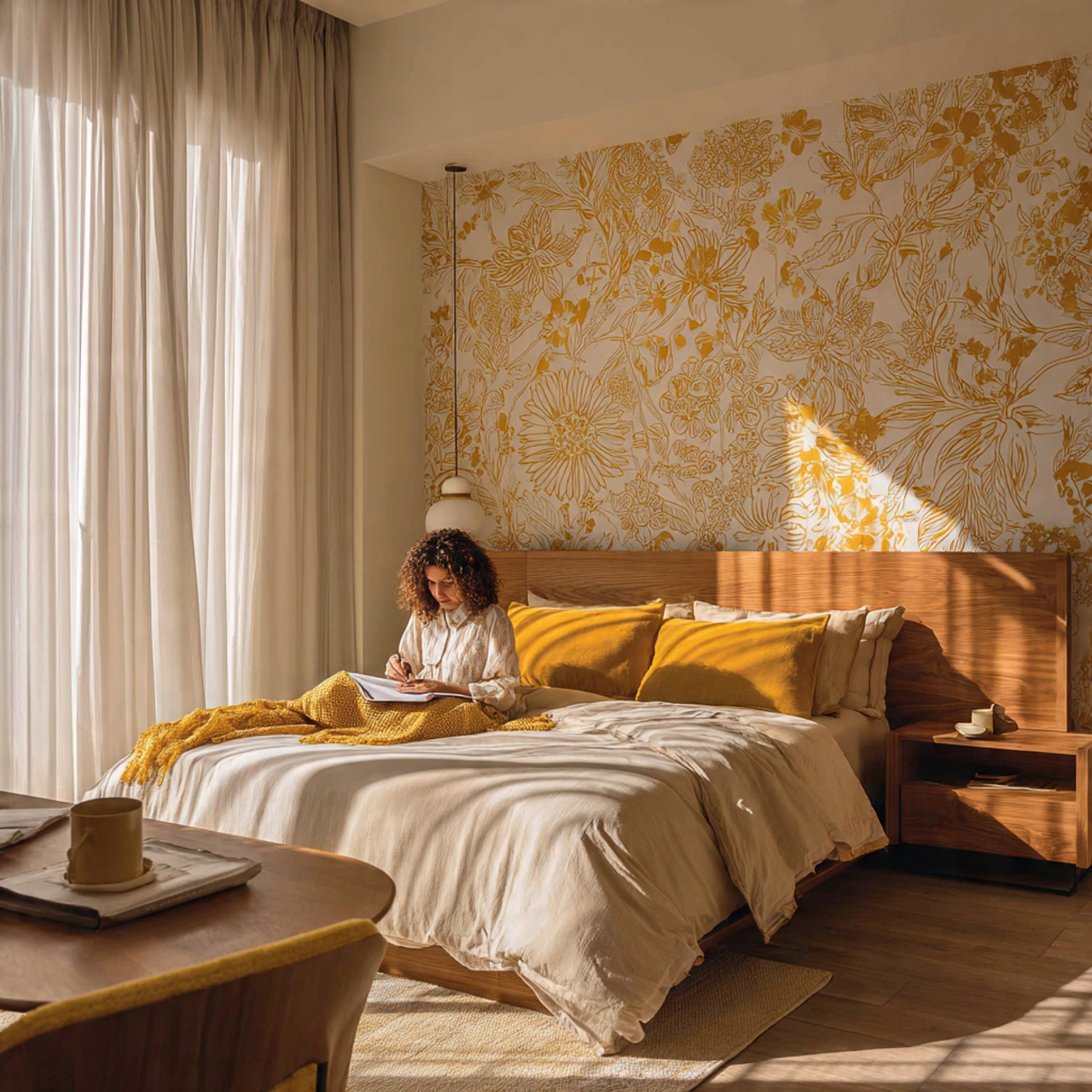 25 Yellow Bedroom Ideas: Bright, Cheerful Designs for a Sunny Sanctuary 11 bedroom featuring marigold patterned wallpaper behind the