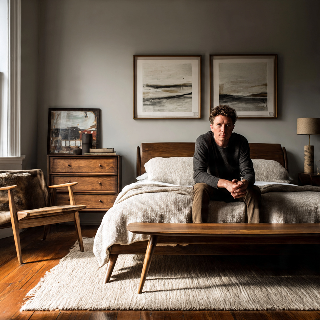 bedroom furnished with mid century modern pieces tapered