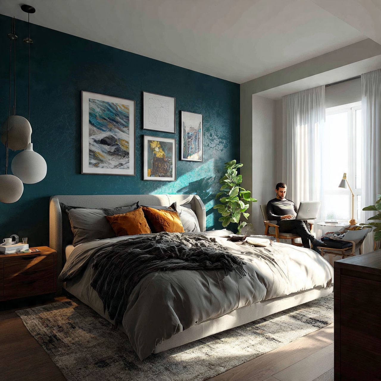 bedroom with a deep teal accent wall