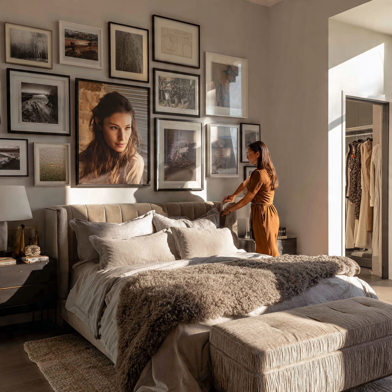 bedroom with a dramatic oversized gallery wall